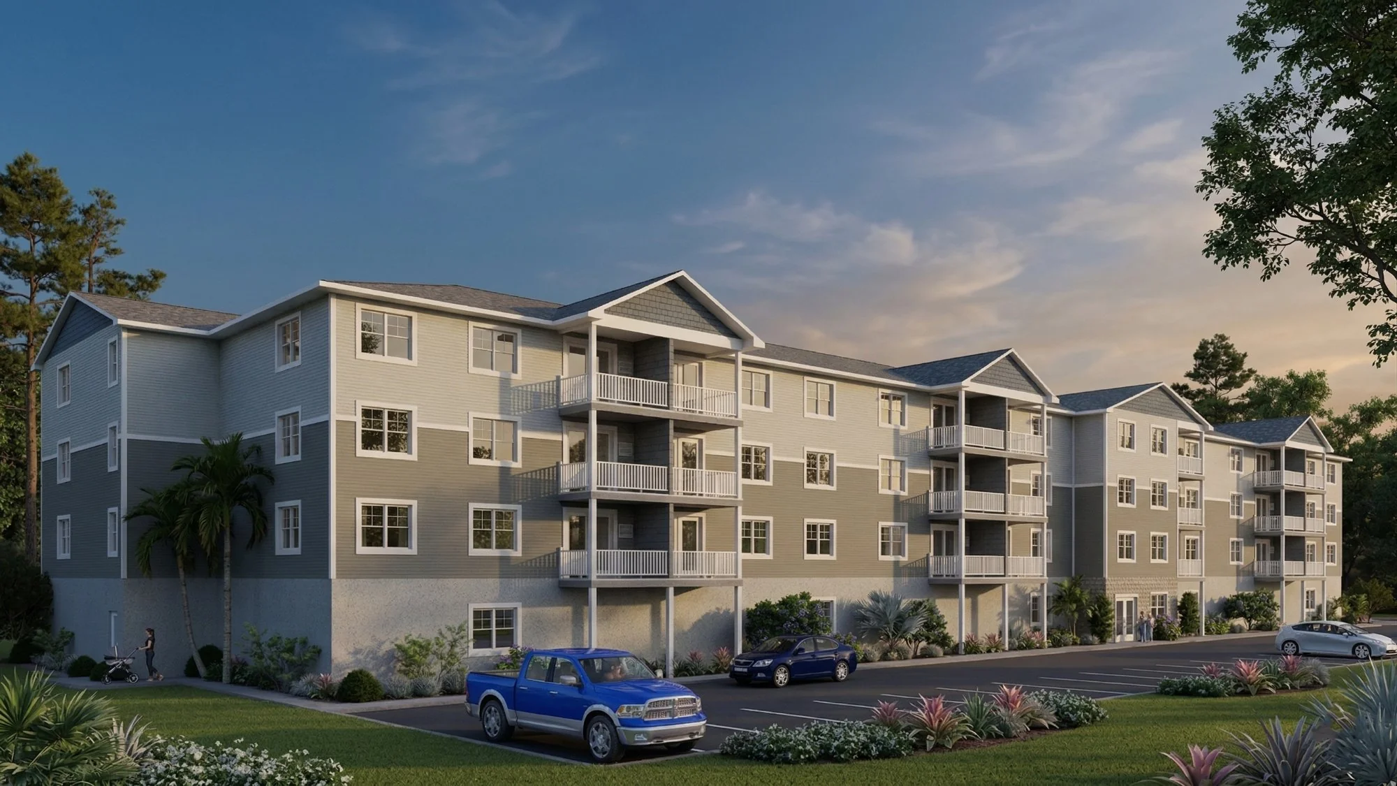 Photorealistic 3D commercial rendering of a multi-family apartment complex daytime