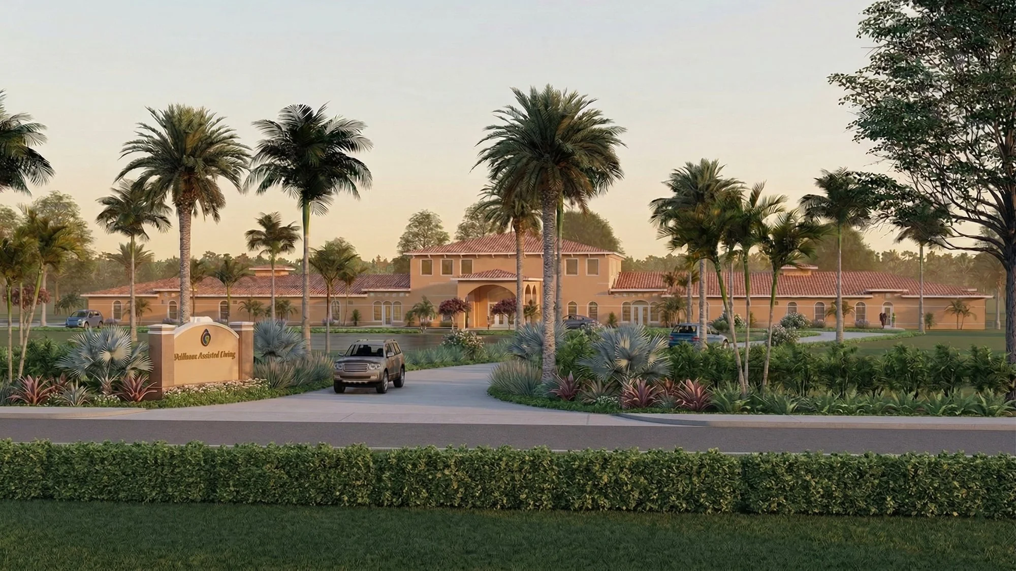 Photorealistic 3D commercial rendering of an assisted living facility entrance