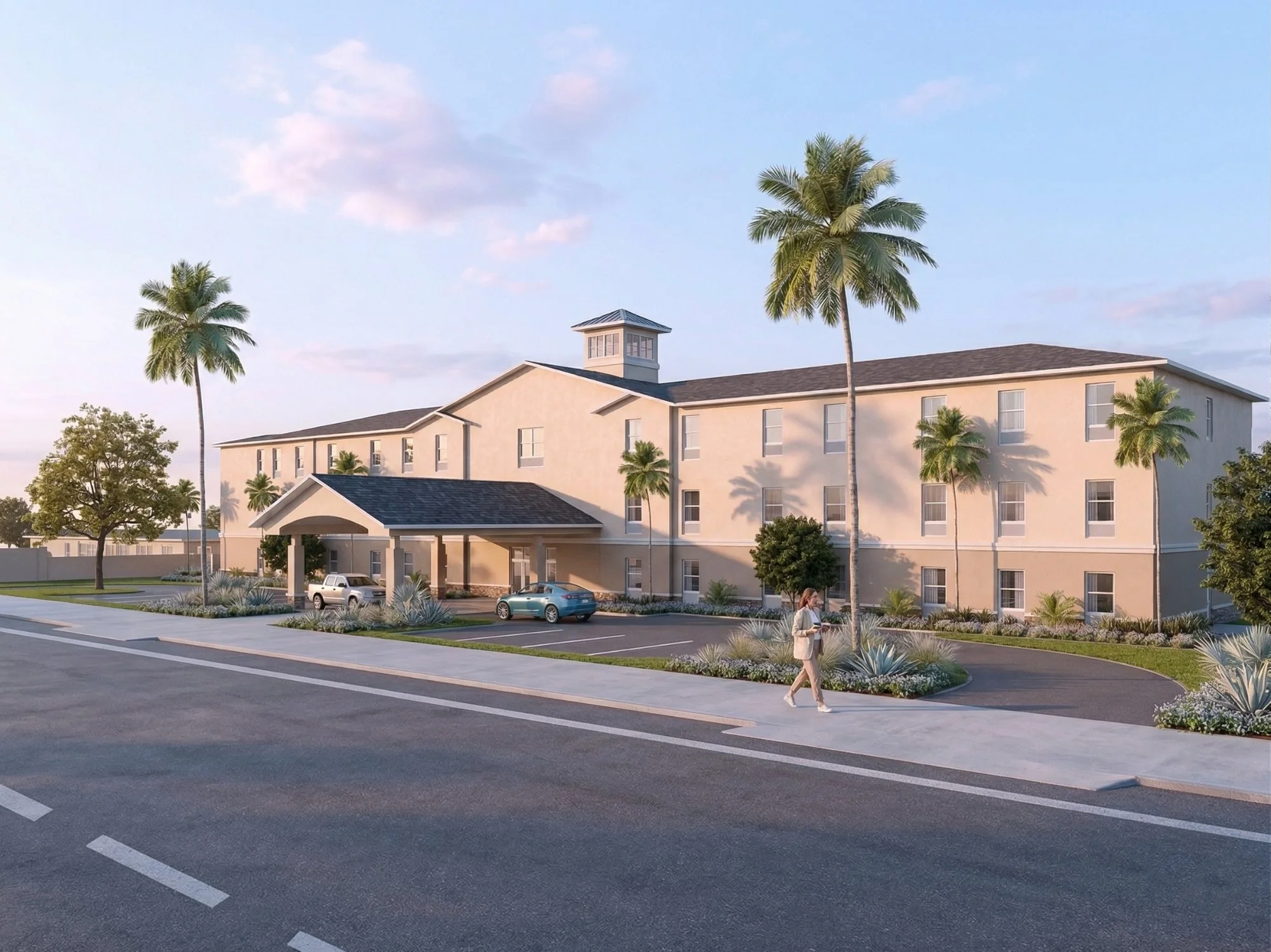 Photorealistic 3D commercial rendering of an assisted living facility morning view 2