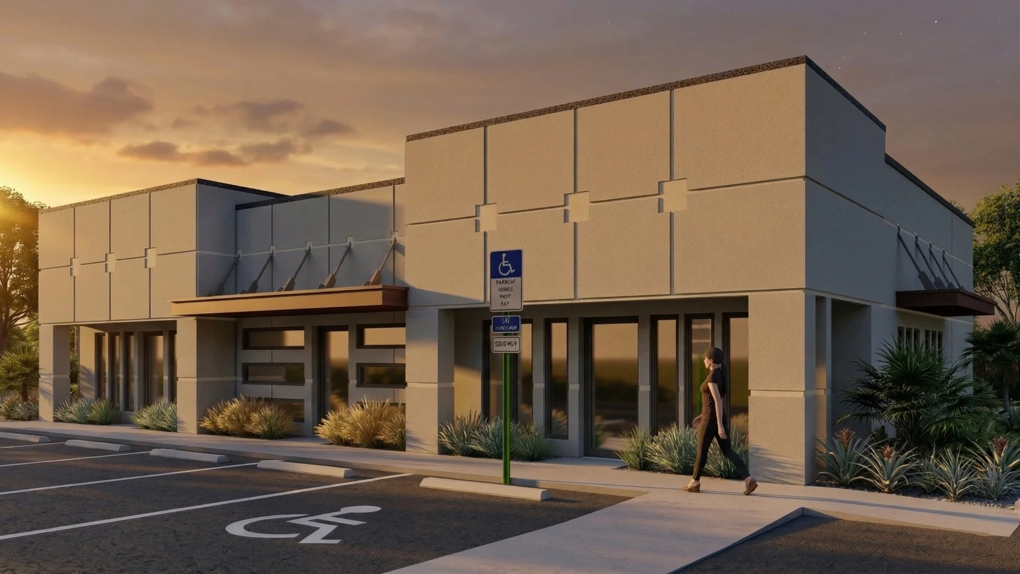 Photorealistic 3D commercial rendering of an office building at sunset