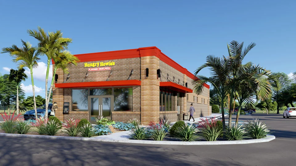 Photorealistic 3D commercial rendering of a restaurant building wide view