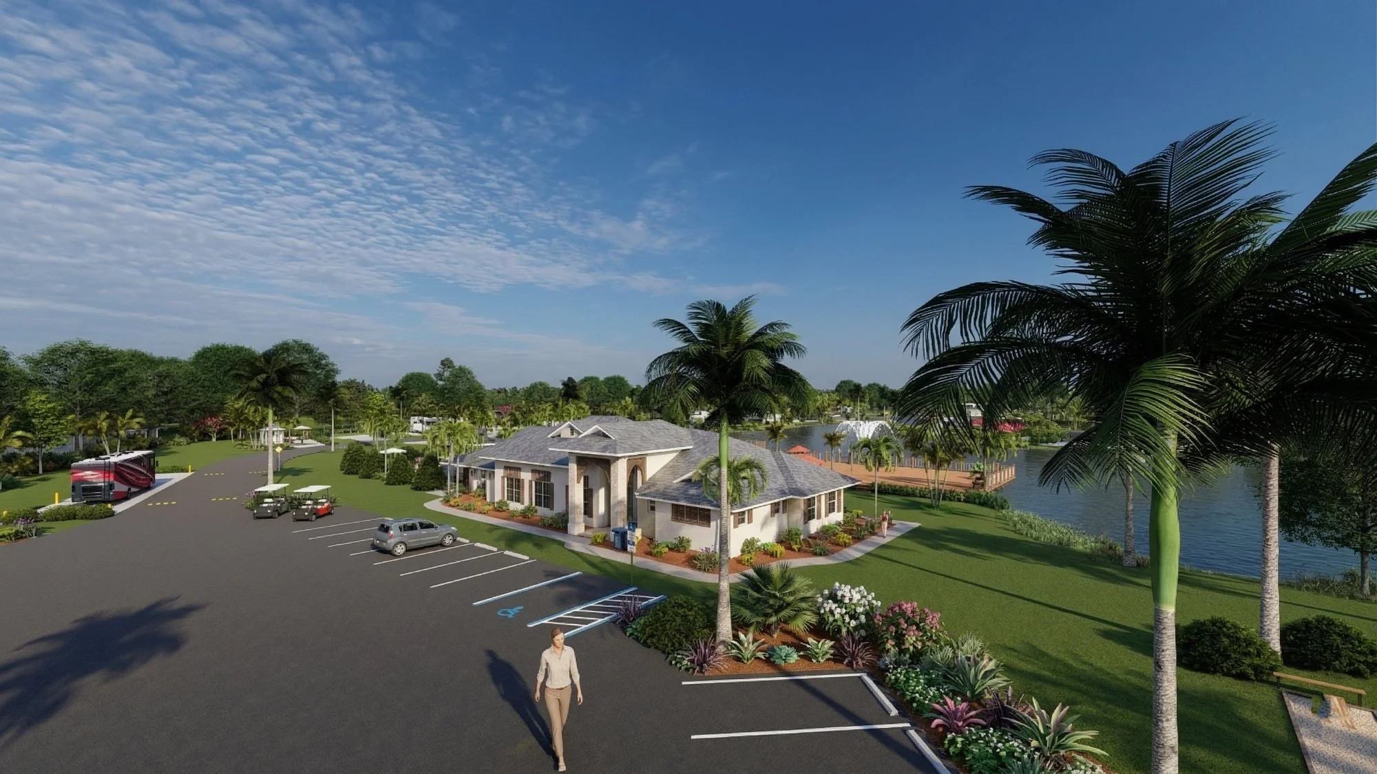 Photorealistic 3D rendering of an RV resort clubhouse — commercial recreational facility rendering