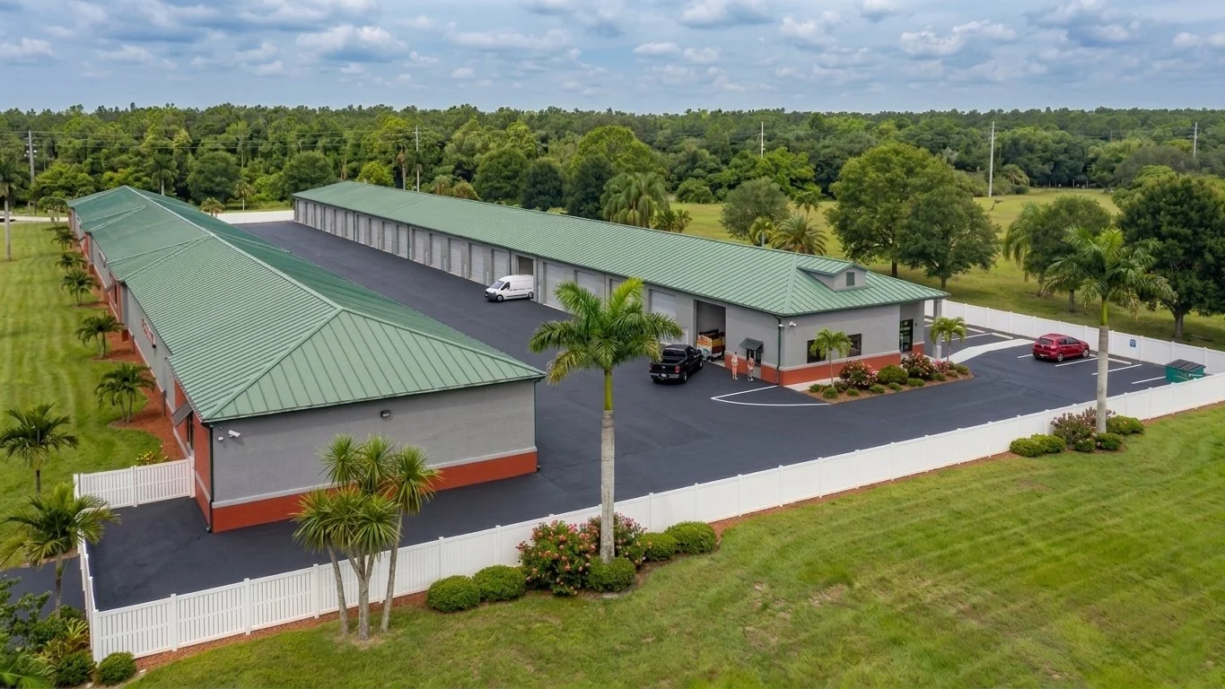 Photorealistic 3D aerial rendering of a commercial storage facility