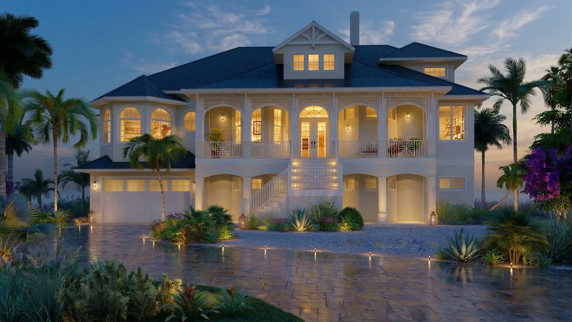 Photorealistic 3D exterior rendering of a coastal grand bayfront home at evening
