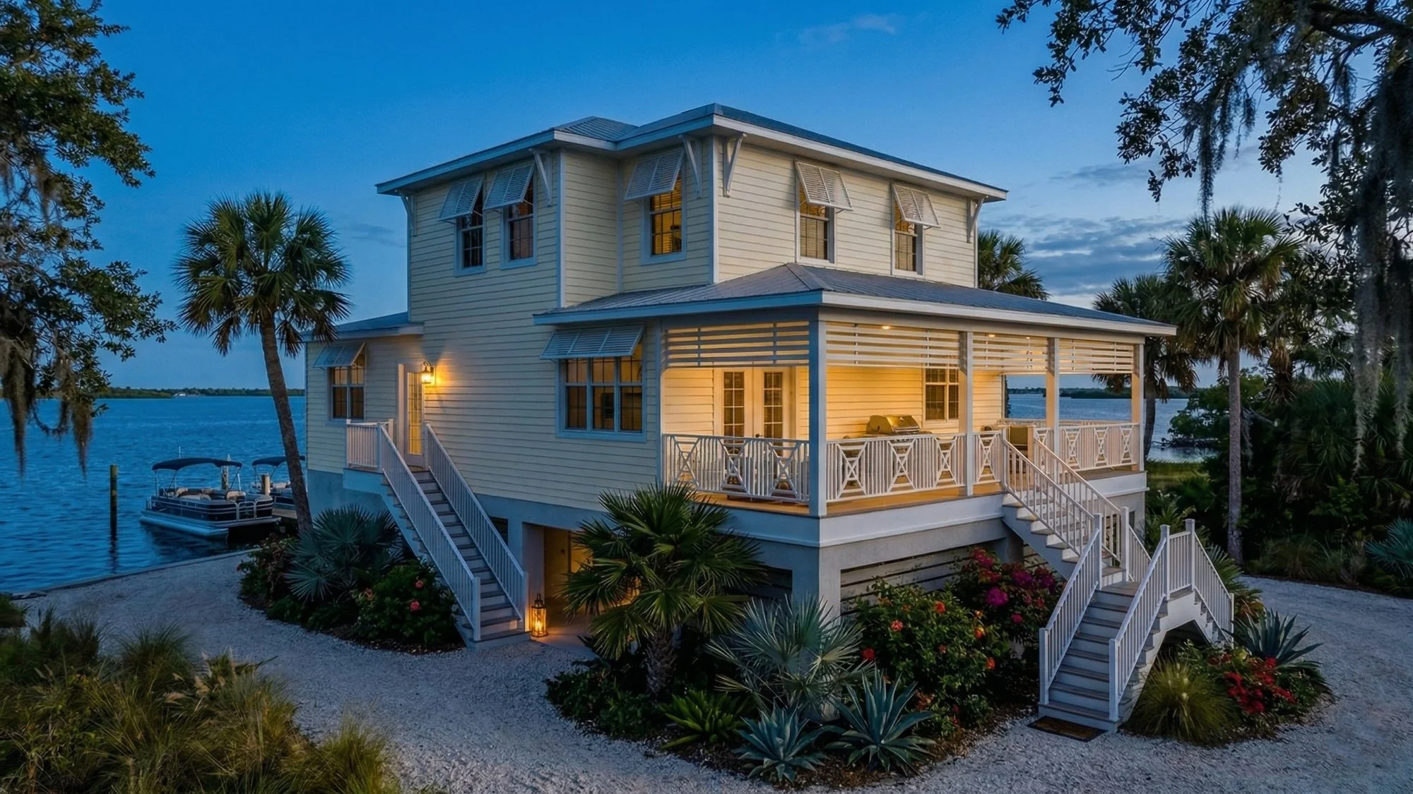 Photorealistic 3D exterior rendering of a bayfront dock home at early evening