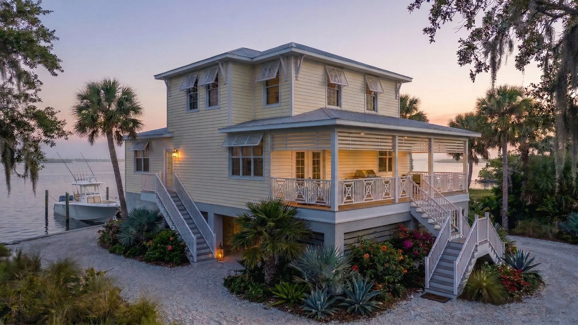 Photorealistic 3D exterior rendering of a bayfront dock home at early morning