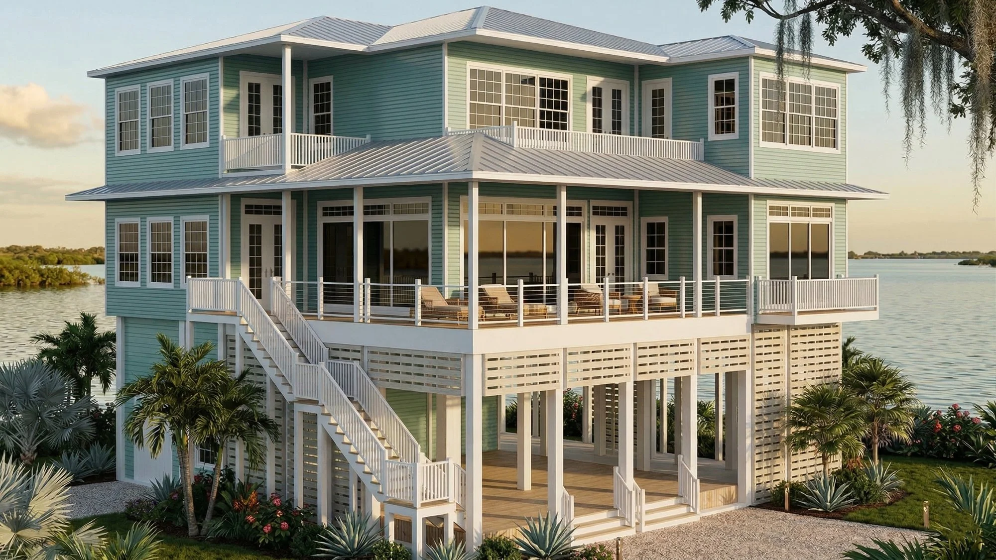 Photorealistic 3D exterior rendering of a bayfront home with elevated screened porch
