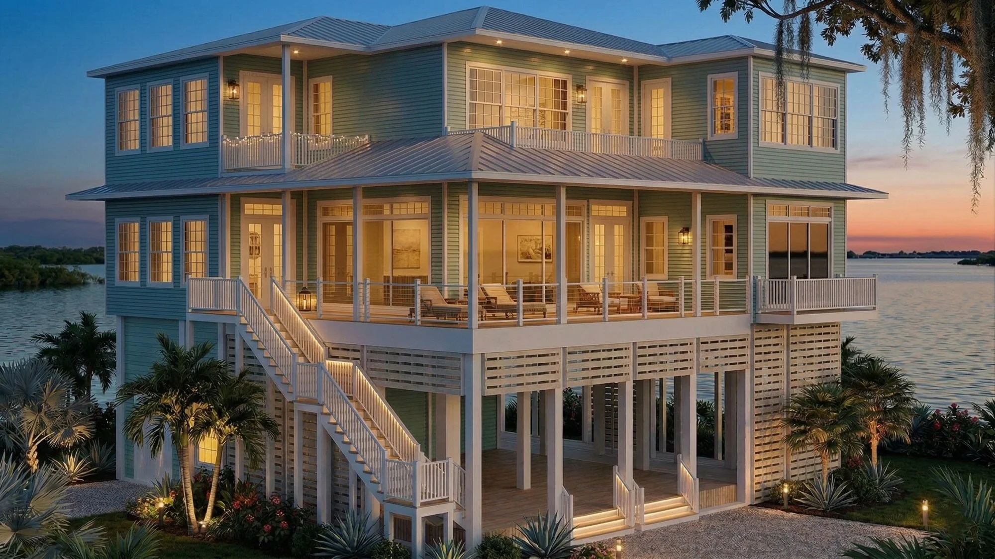 Photorealistic 3D exterior rendering of a bayfront elevated screened porch view 2