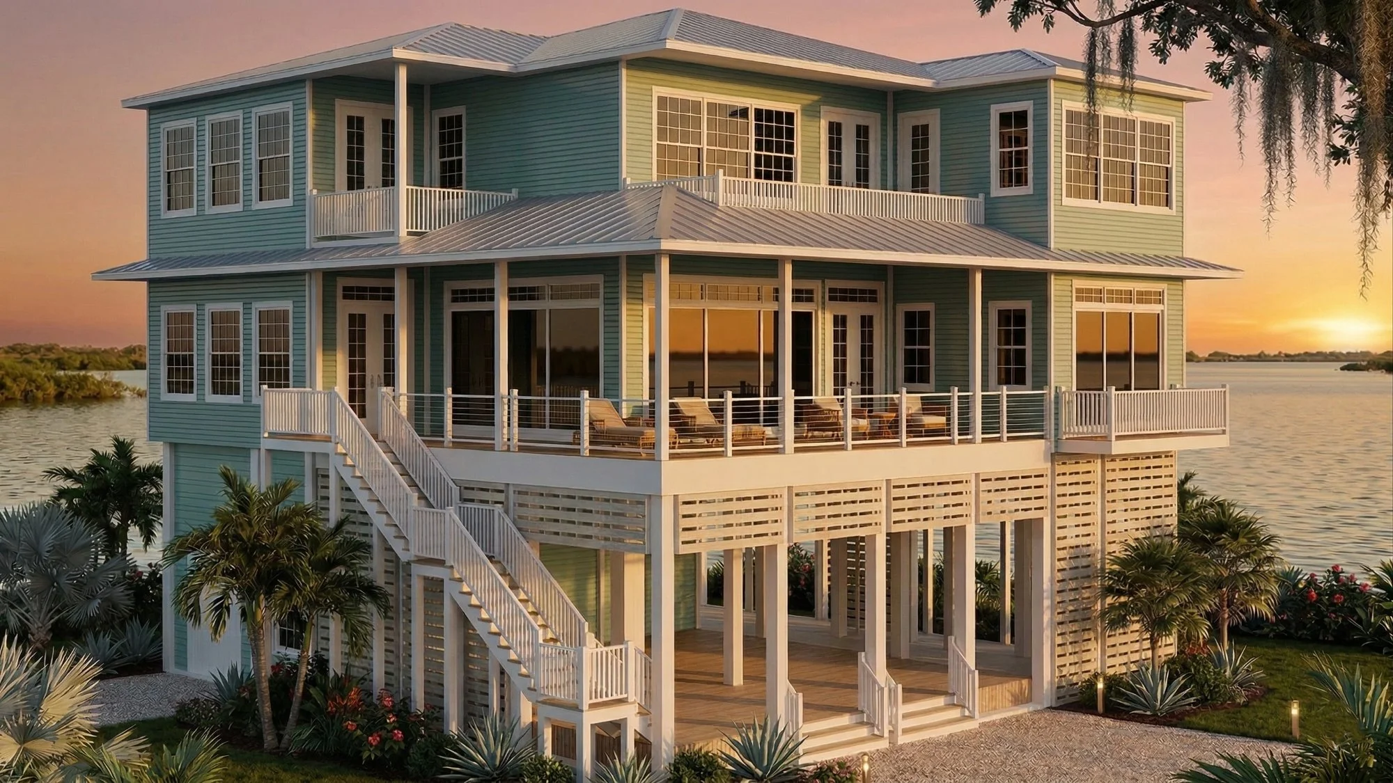 Photorealistic 3D exterior rendering of a bayfront elevated screened porch view 3