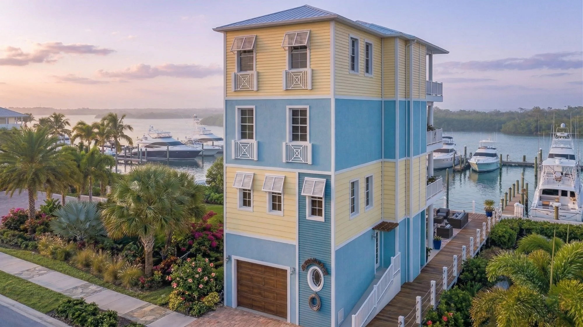 Photorealistic 3D exterior rendering of a bayfront marina tower home view 2