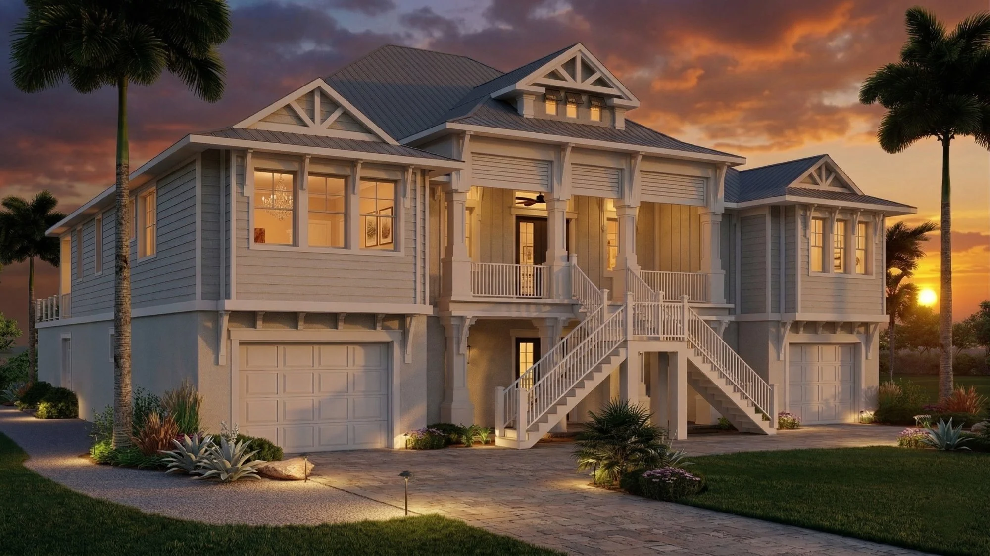 Photorealistic 3D exterior rendering of a bayfront palm island craftsman view 2