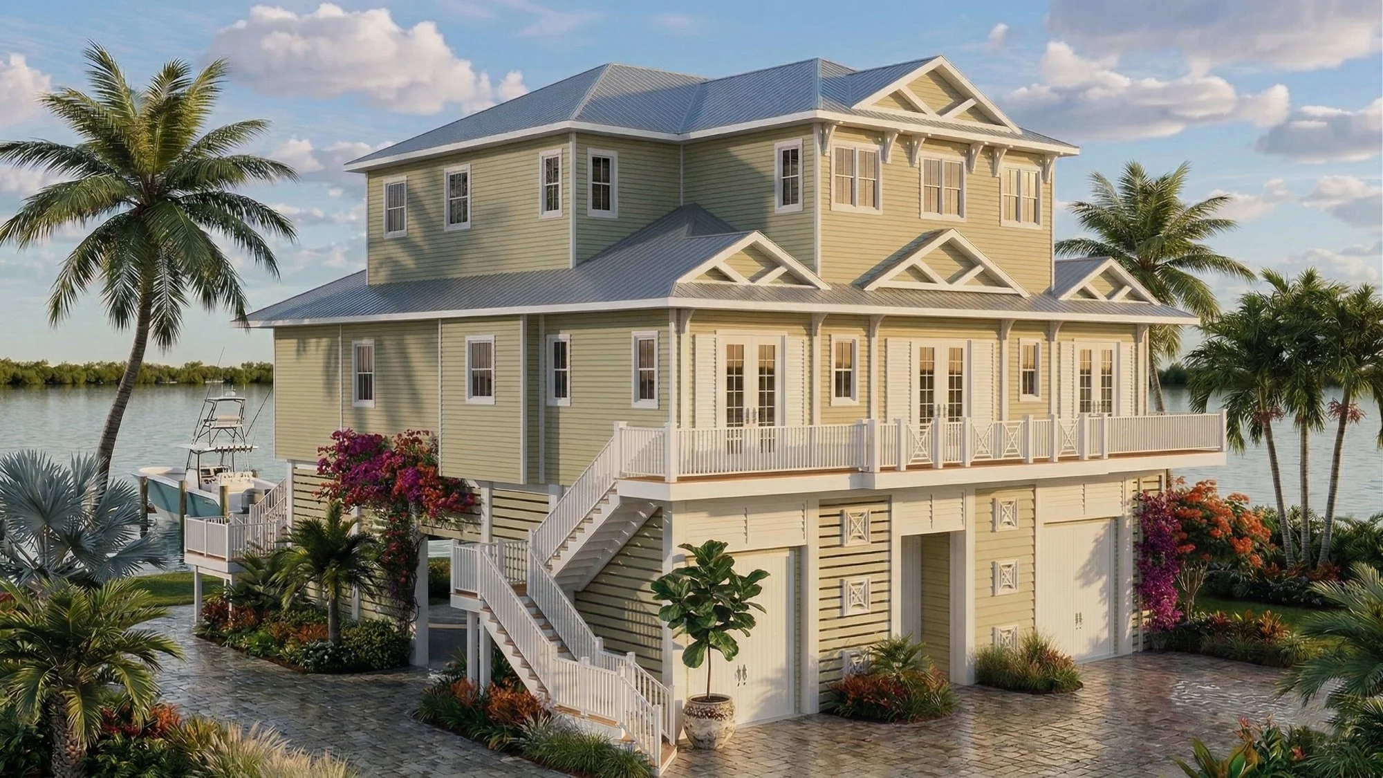 Photorealistic 3D rendering of a waterfront two-story home — residential exterior rendering by Bluestream Design Studio