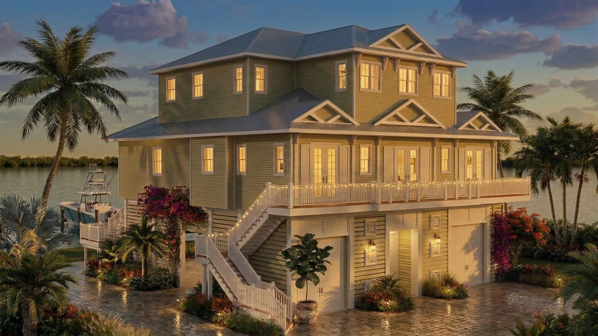Photorealistic 3D exterior rendering of a bayfront waterfront two-story home