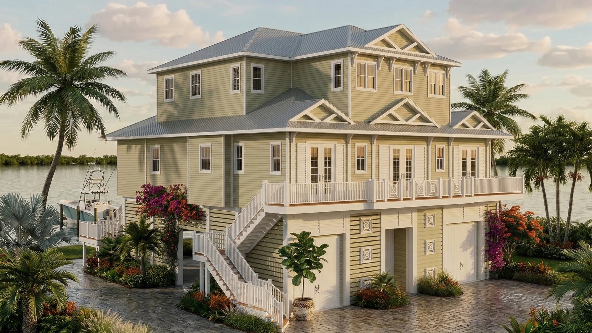 Photorealistic 3D exterior rendering of a bayfront waterfront two-story home at evening