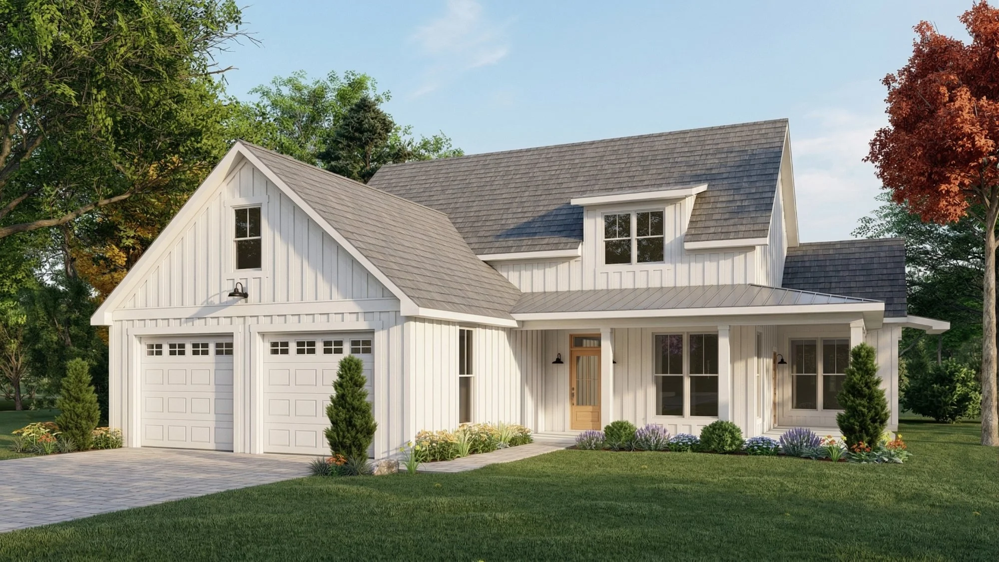 Photorealistic 3D exterior rendering of a coastal country ranch stone base home view 2