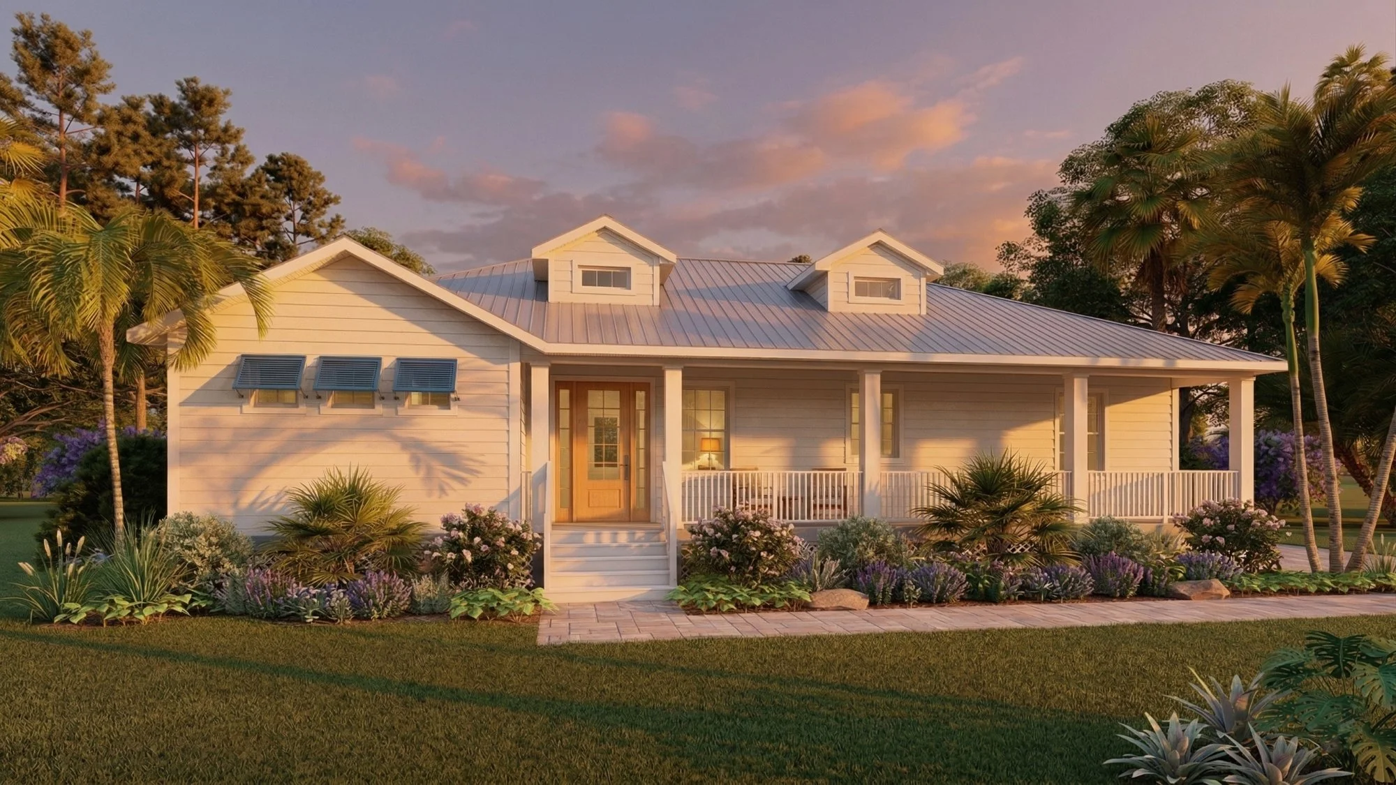 Photorealistic 3D exterior rendering of a coastal cracker style home with front porch at sunset