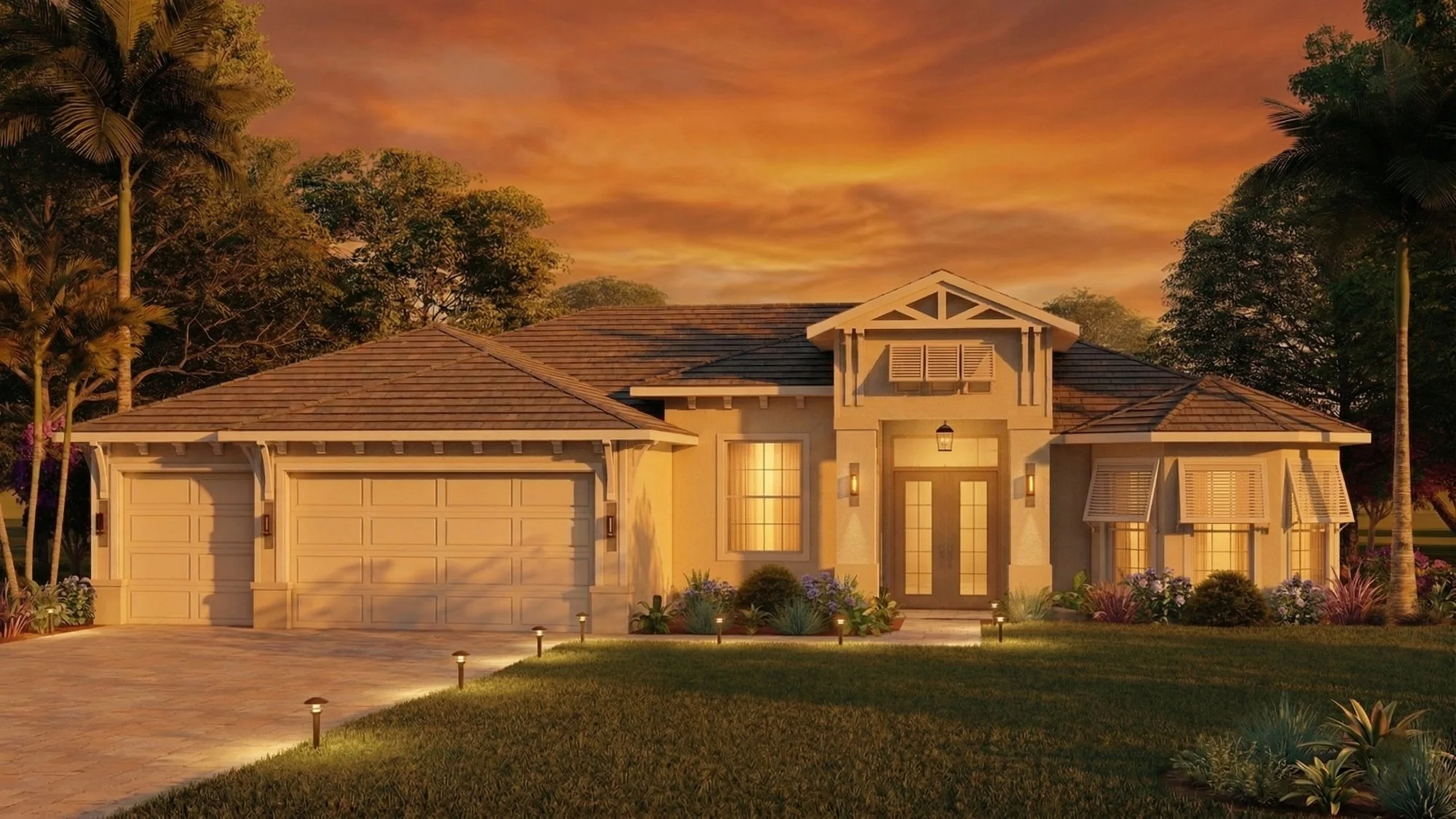 Photorealistic 3D exterior rendering of a coastal craftsman triple garage home view 3