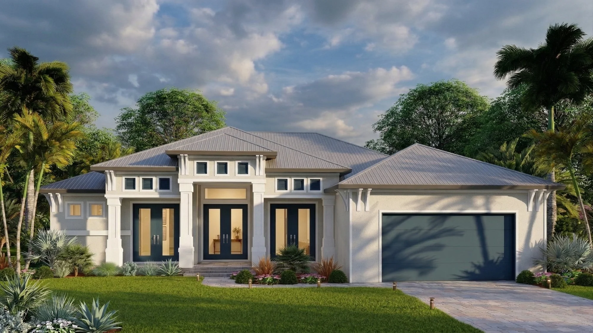 Photorealistic 3D exterior rendering of a coastal executive modern home with grand entry