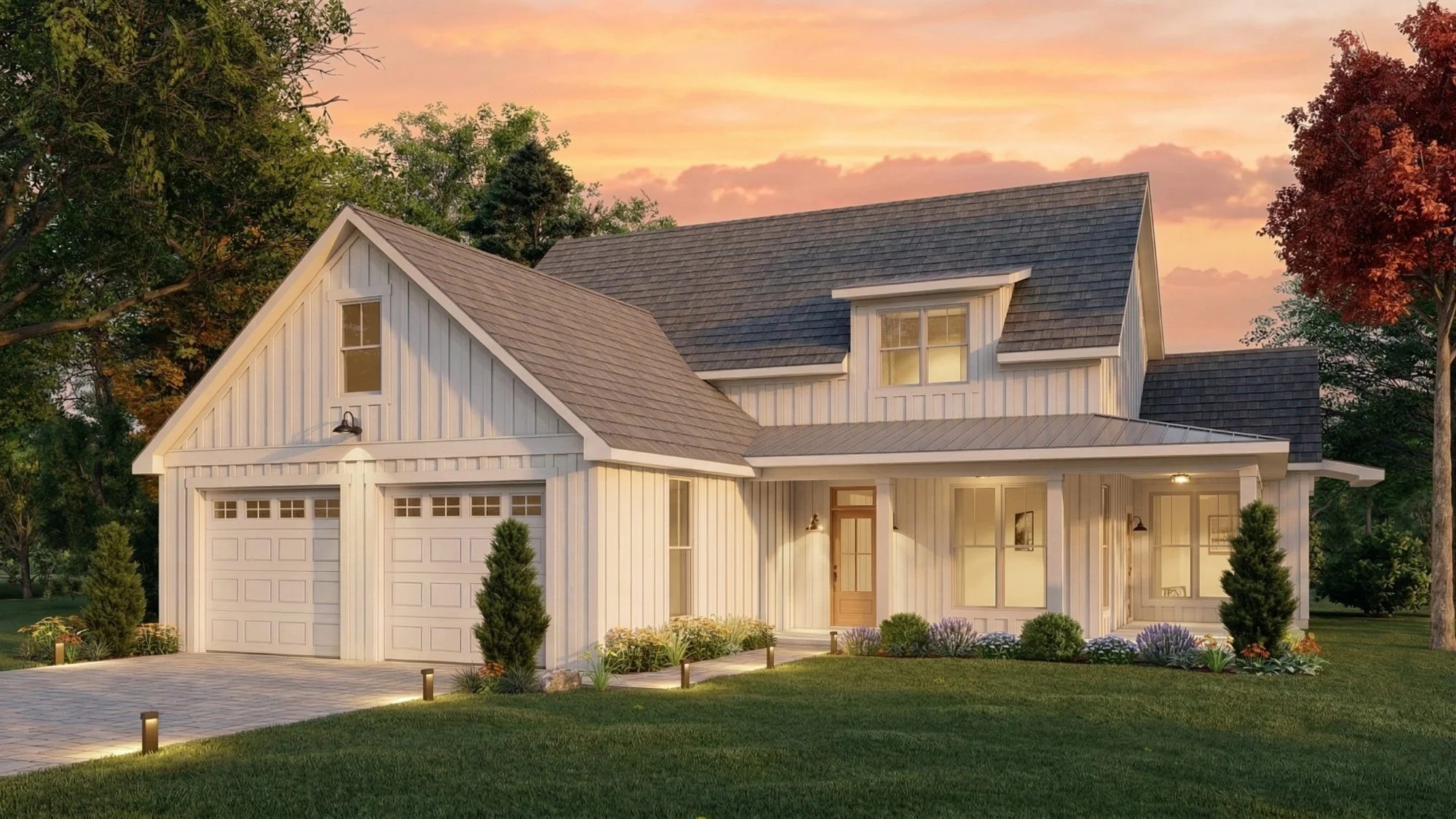Photorealistic 3D exterior rendering of a coastal farmhouse two-story home view 2