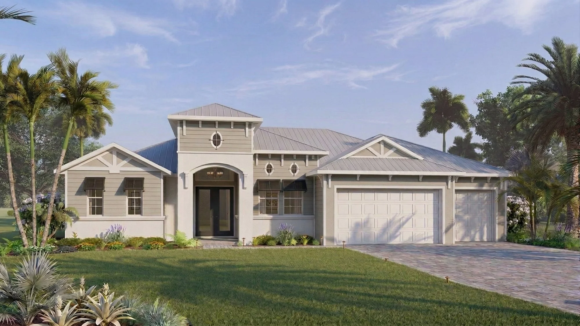 Photorealistic 3D exterior rendering of a coastal golf course craftsman home view 2
