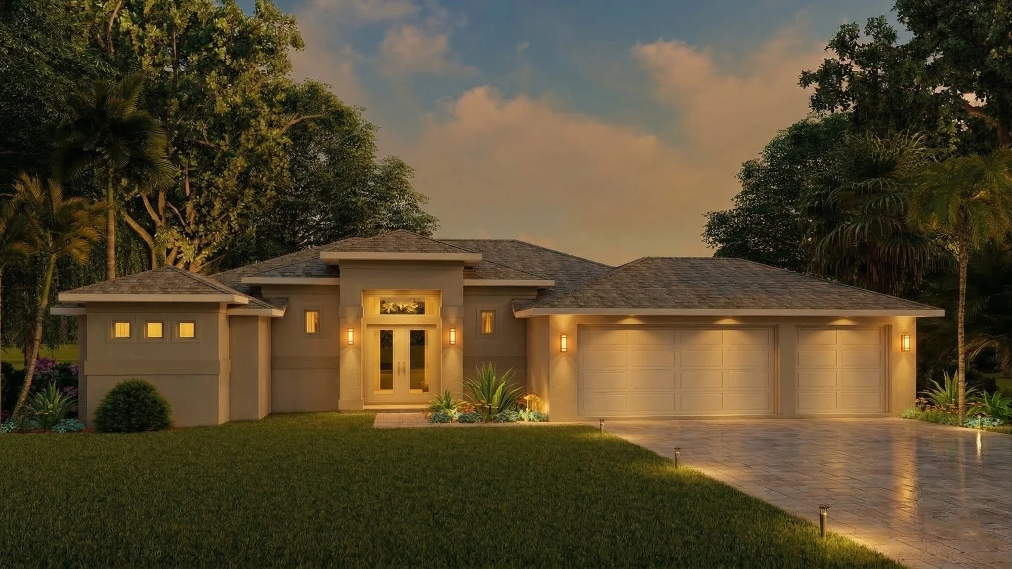 Photorealistic 3D exterior rendering of a coastal modern prairie triple garage home view 2