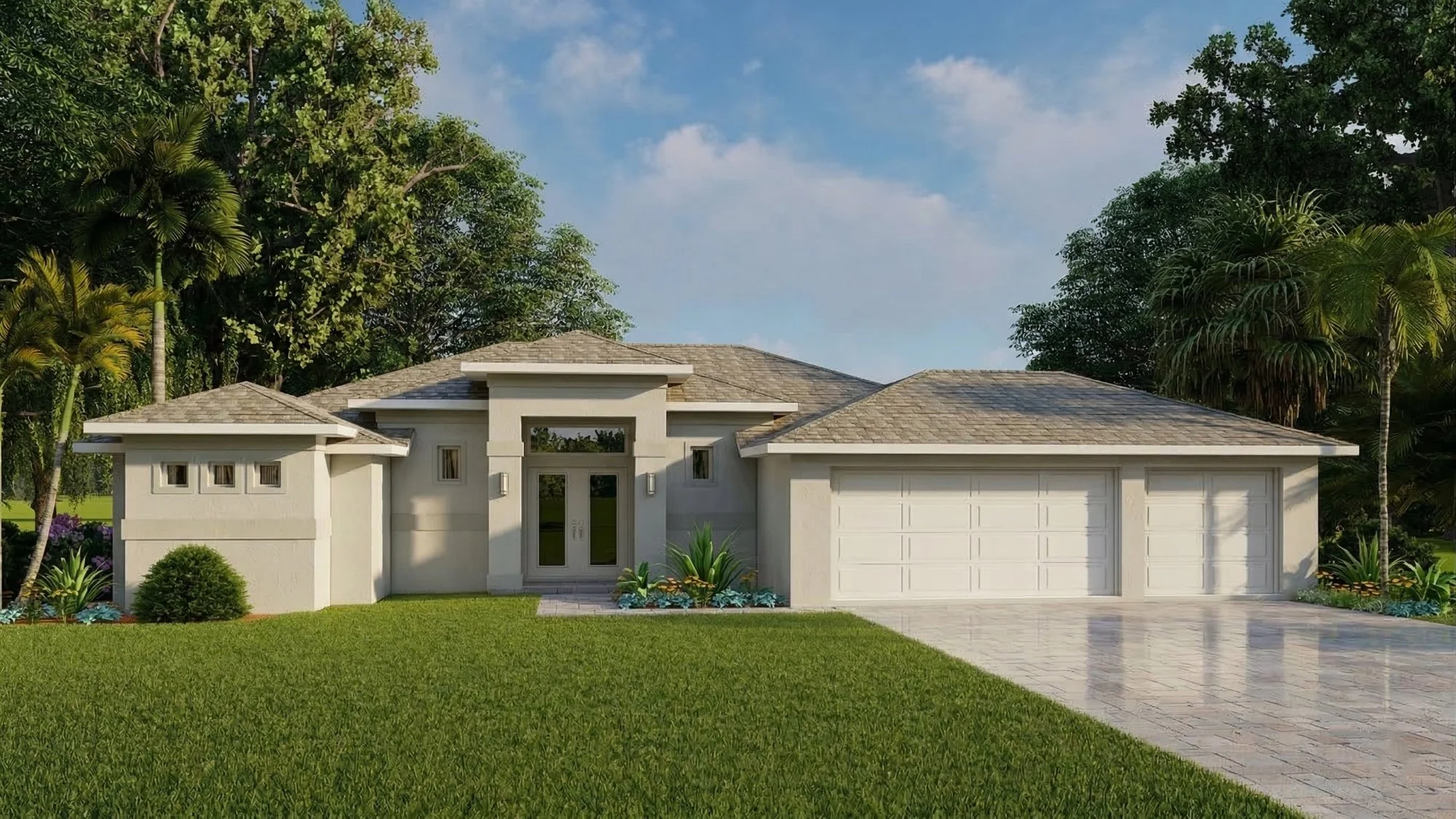 Photorealistic 3D exterior rendering of a coastal modern prairie triple garage home view 3