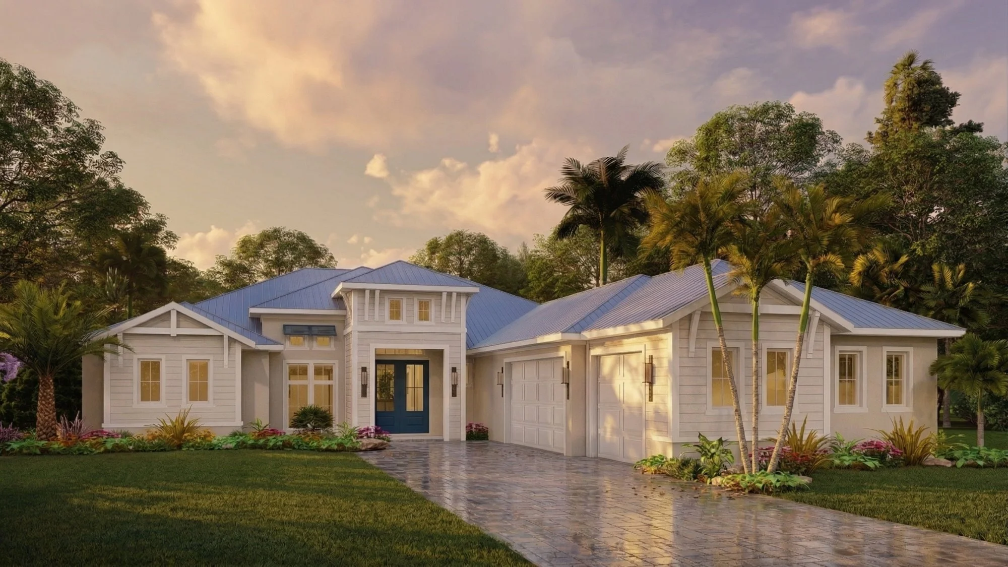Photorealistic 3D exterior rendering of a coastal ranch style home in late afternoon light