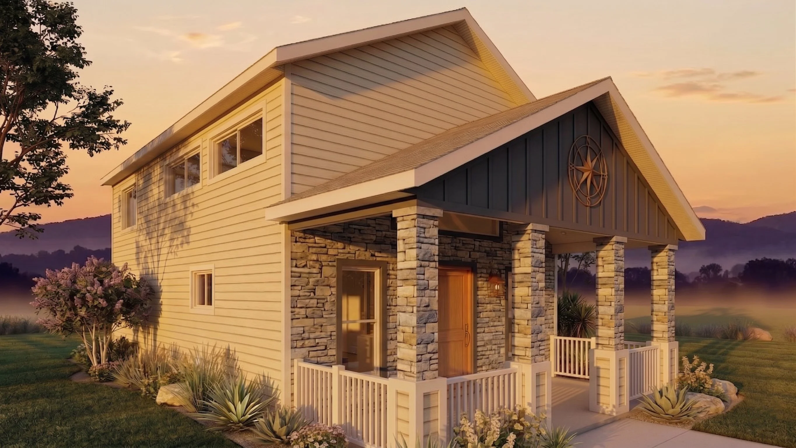 Photorealistic 3D exterior rendering of a cottage tiny home with timber gable view 3