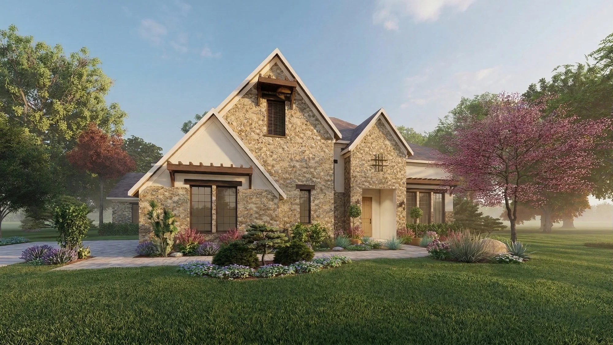 Photorealistic 3D exterior rendering of a country Texas stone craftsman home
