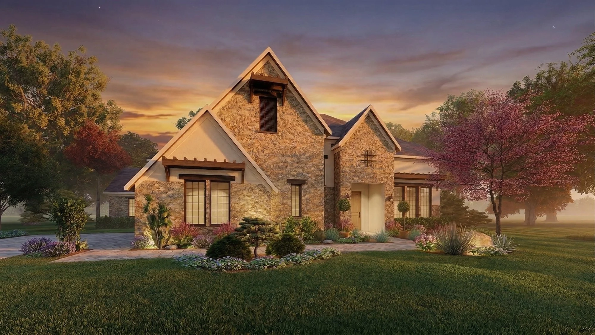 Photorealistic 3D exterior rendering of a country Texas stone craftsman home view 2