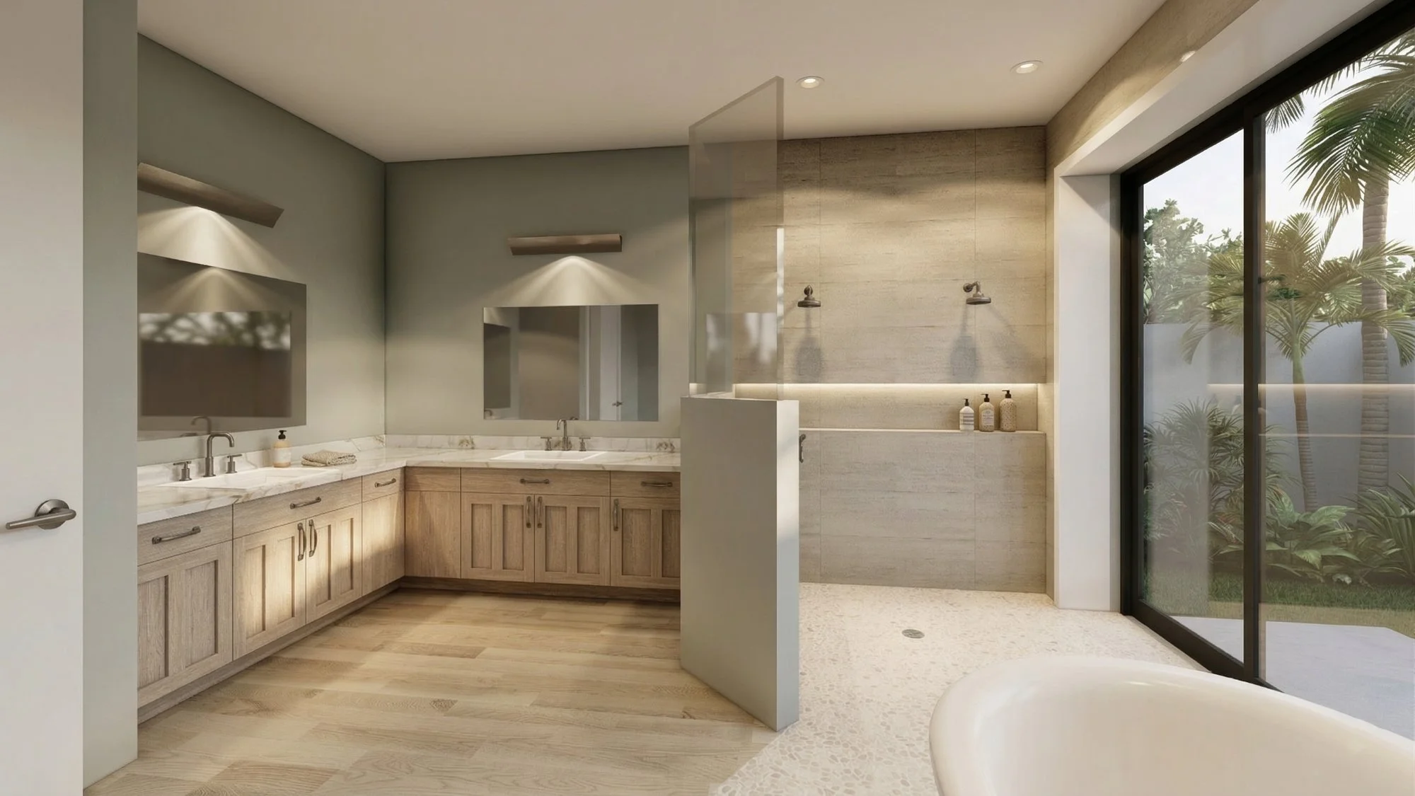 Photorealistic 3D interior rendering of a master bathroom with double vanity spa