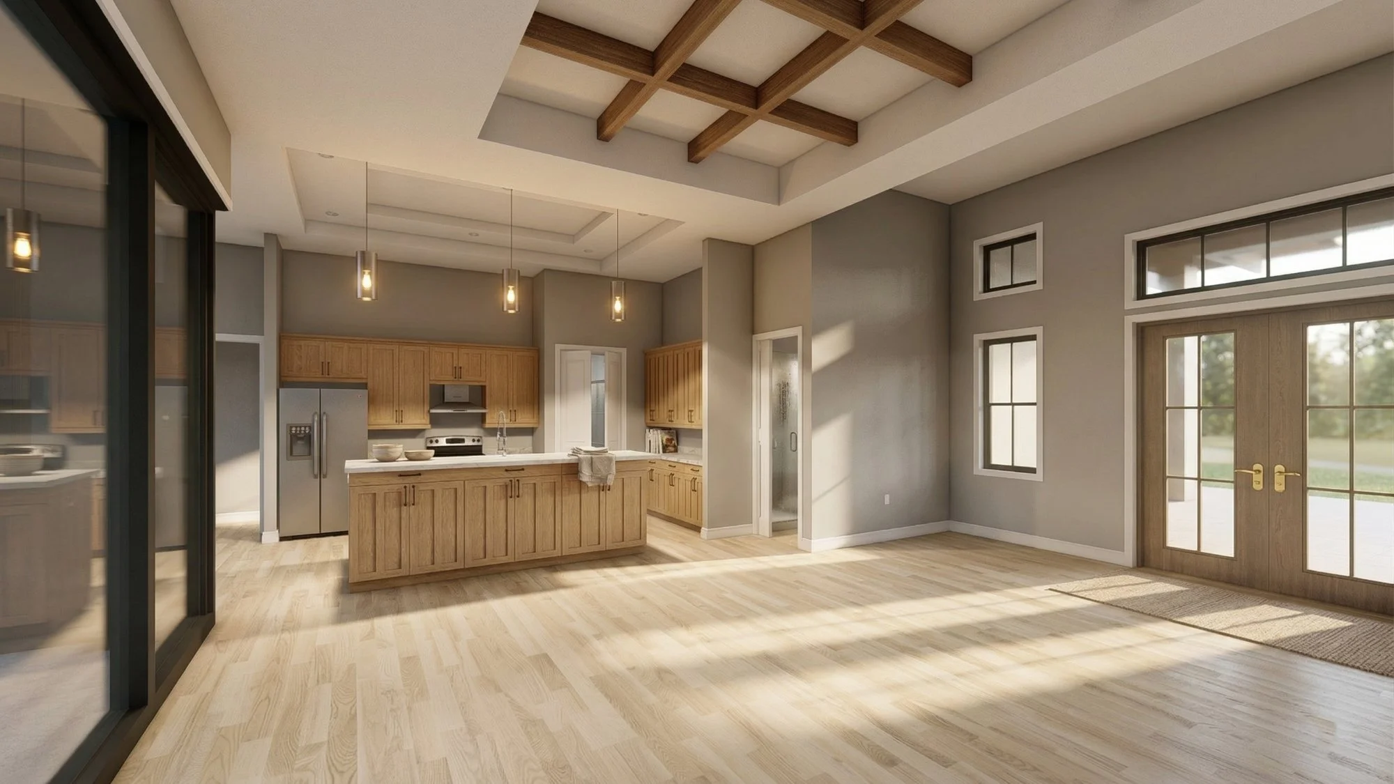Photorealistic 3D interior rendering of a great room with wood beam ceiling