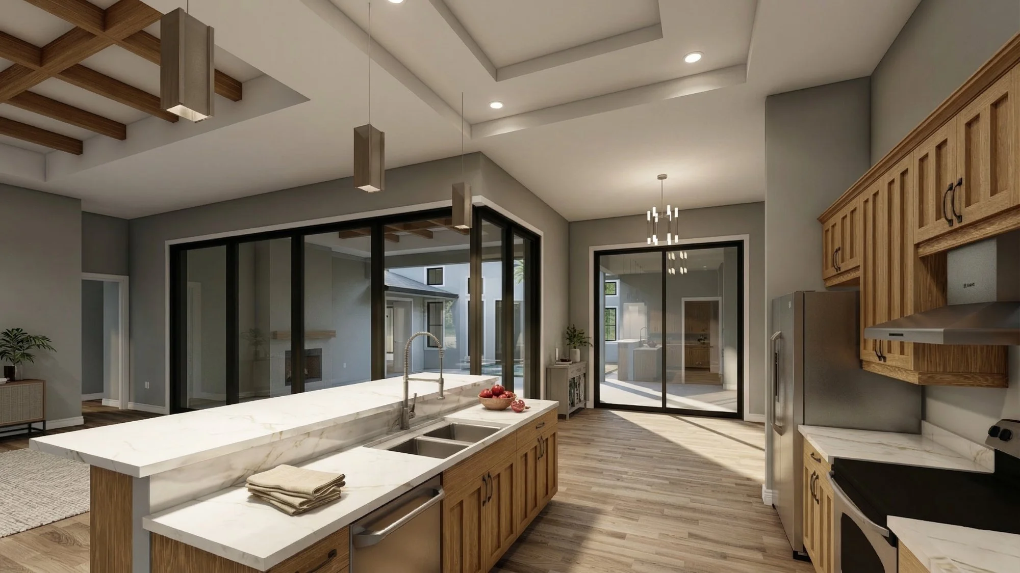 Photorealistic 3D interior rendering of a kitchen with island and courtyard view