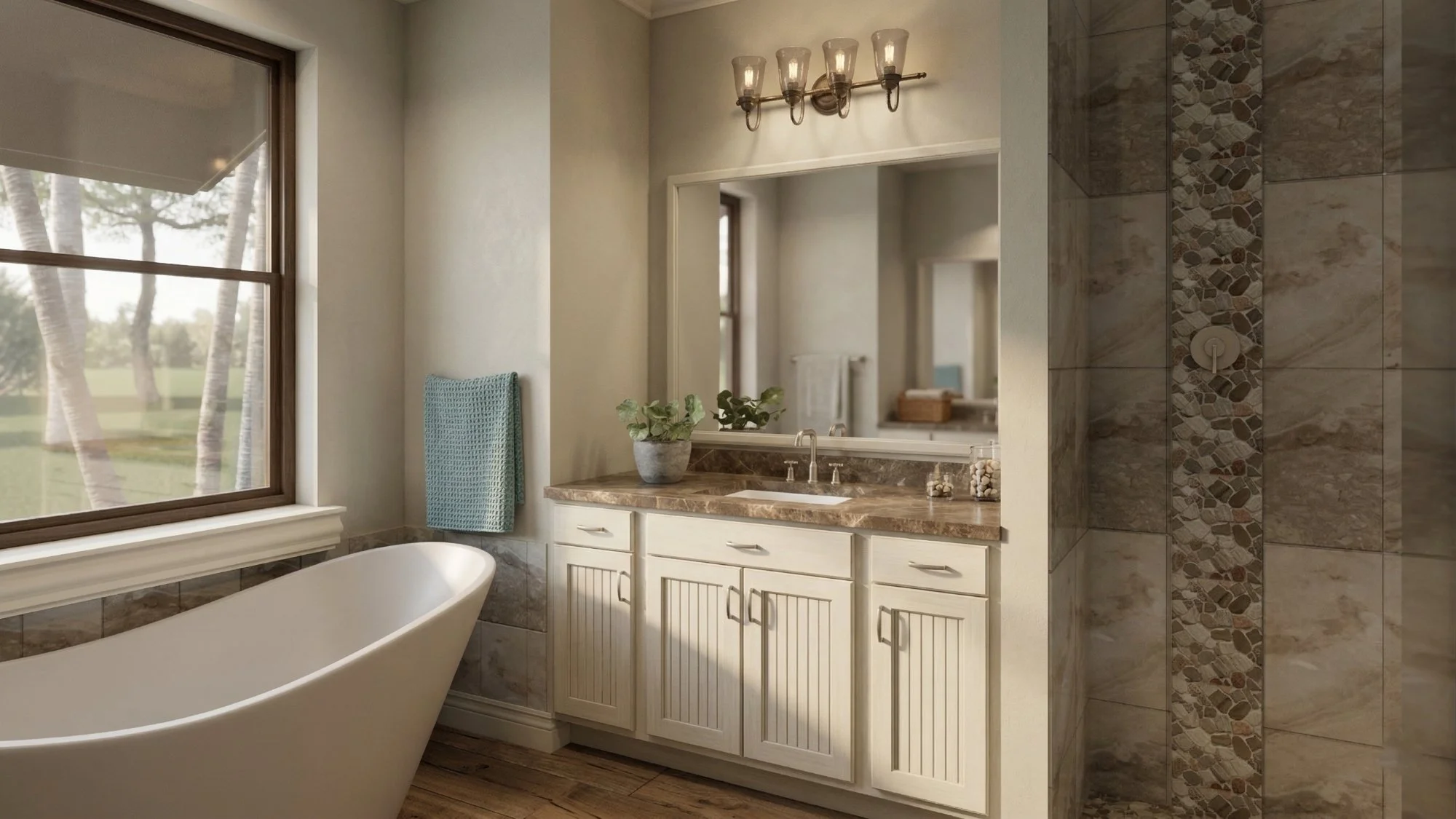 Photorealistic 3D interior rendering of a bathroom with stone tile and soaking tub