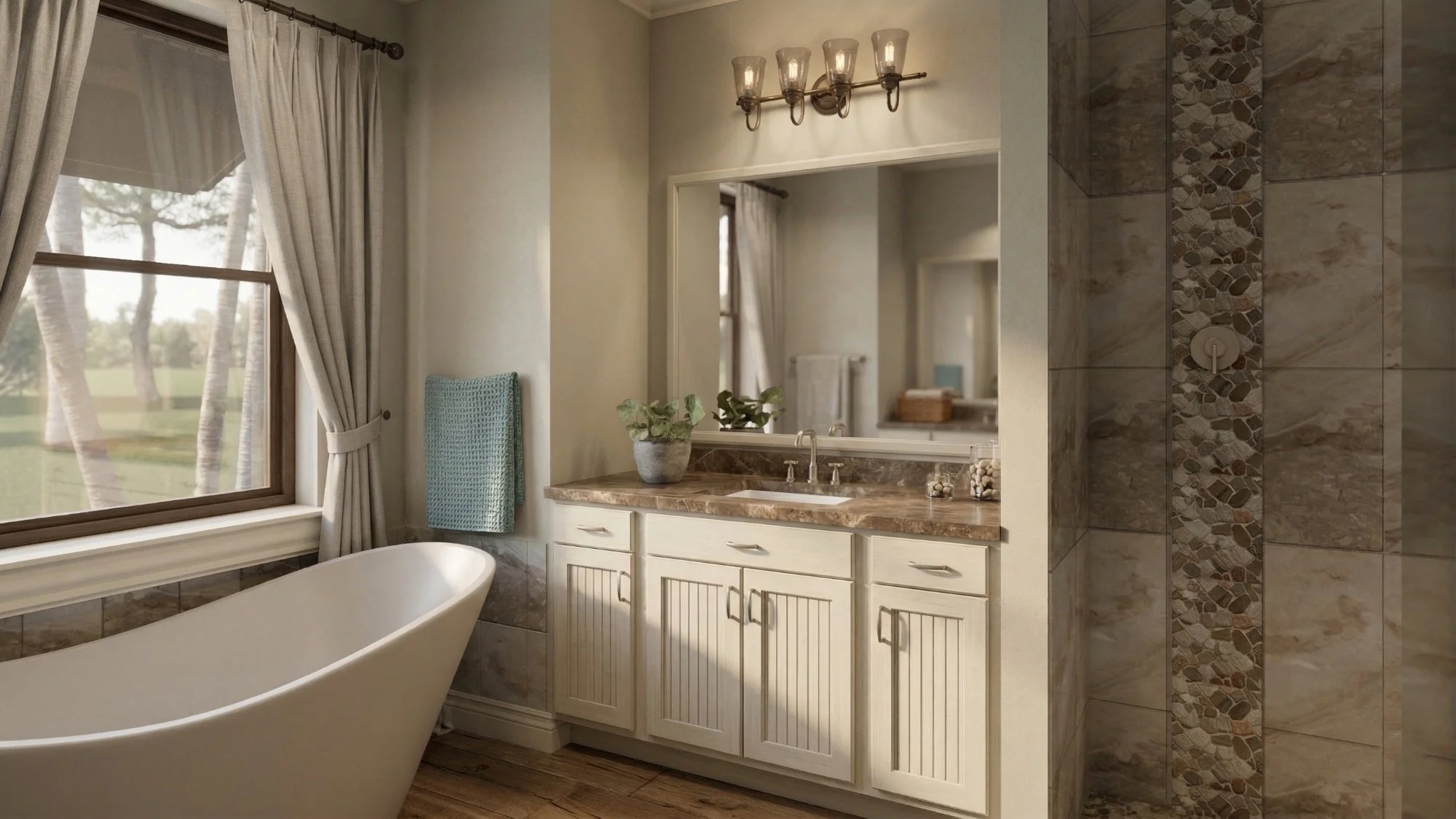 Photorealistic 3D interior rendering of a bathroom with stone tile and tub view 2
