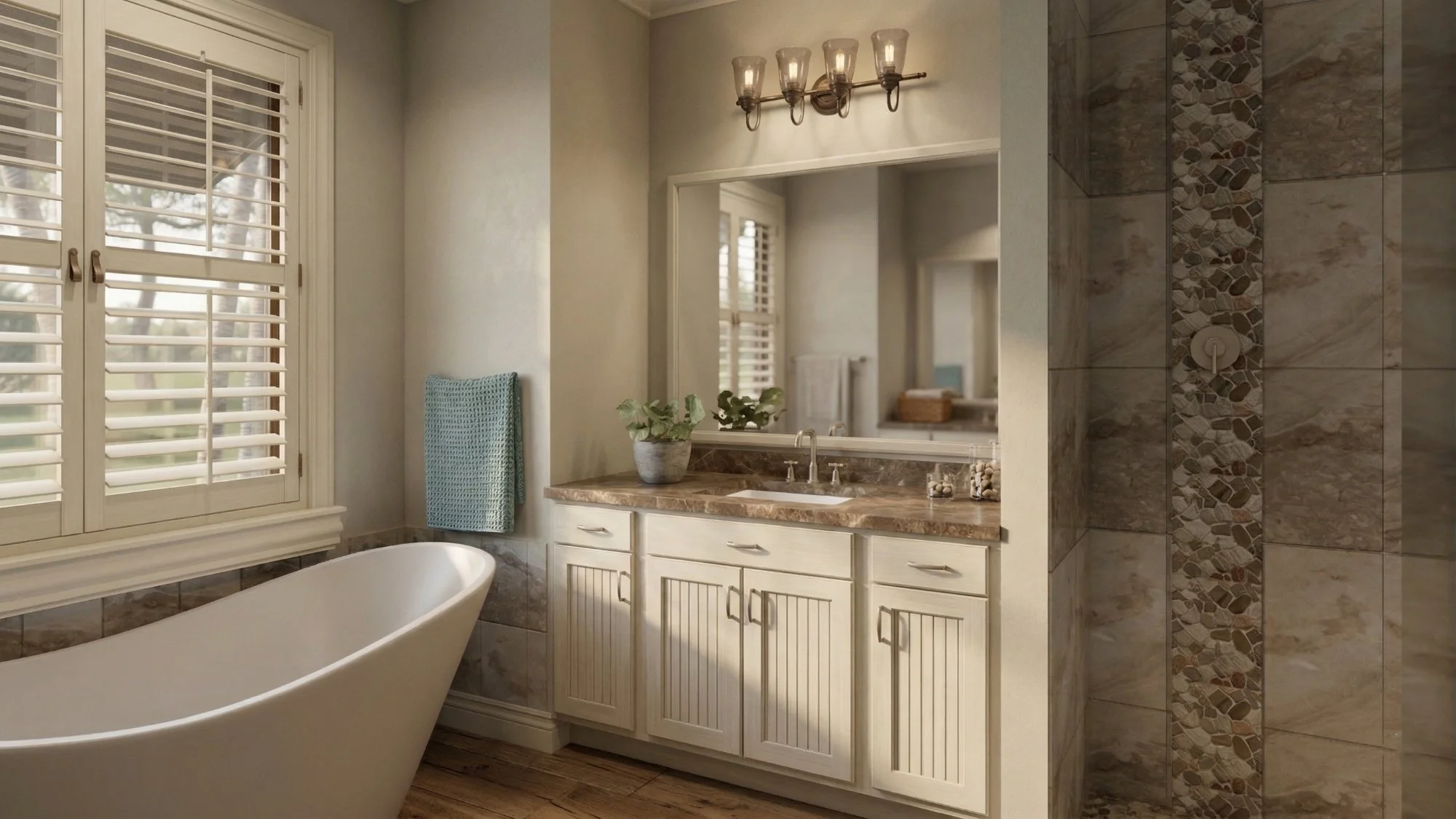 Photorealistic 3D interior rendering of a bathroom with stone tile and tub view 3