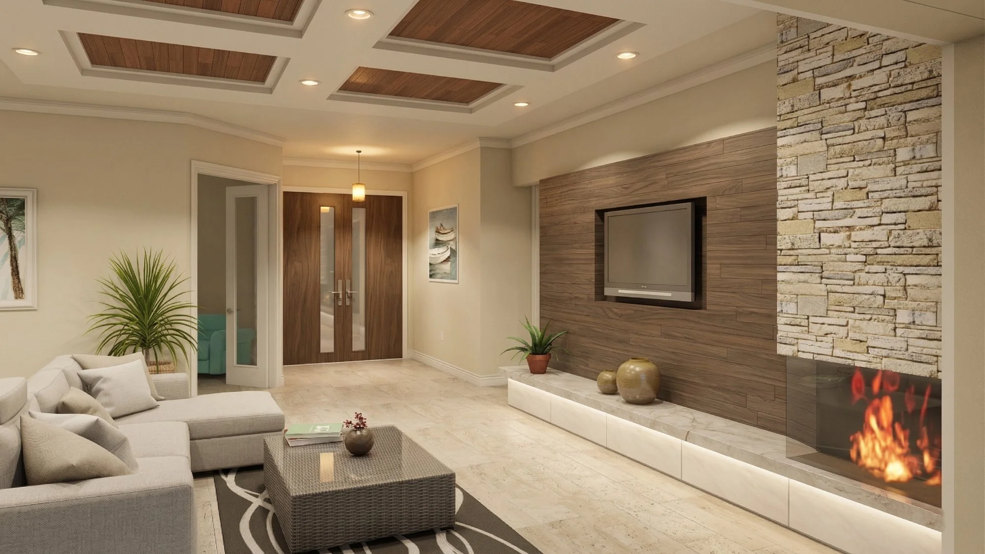 Photorealistic 3D interior rendering of a great room with stone fireplace — residential interior visualization