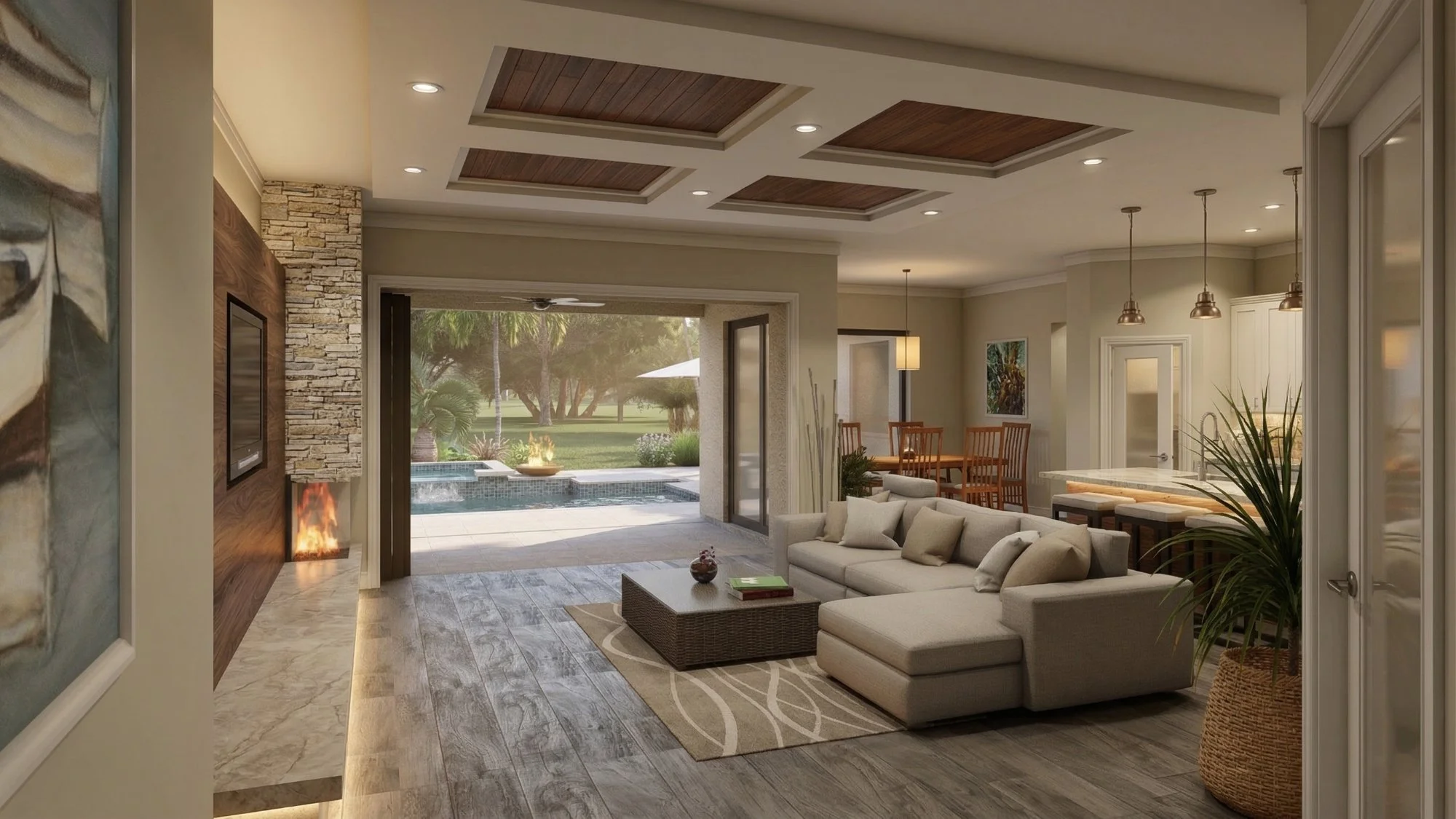Photorealistic 3D interior rendering of a great room with stone fireplace — residential interior visualization by Bluestream Design Studio