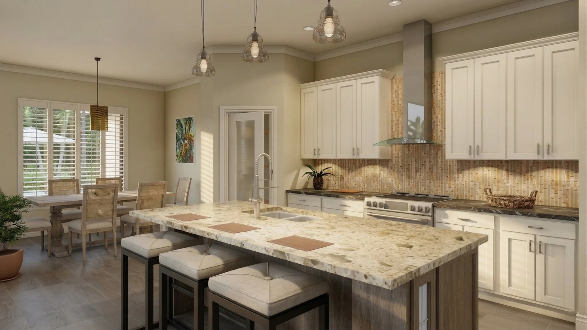 Photorealistic 3D interior rendering of a kitchen with white cabinets view 2