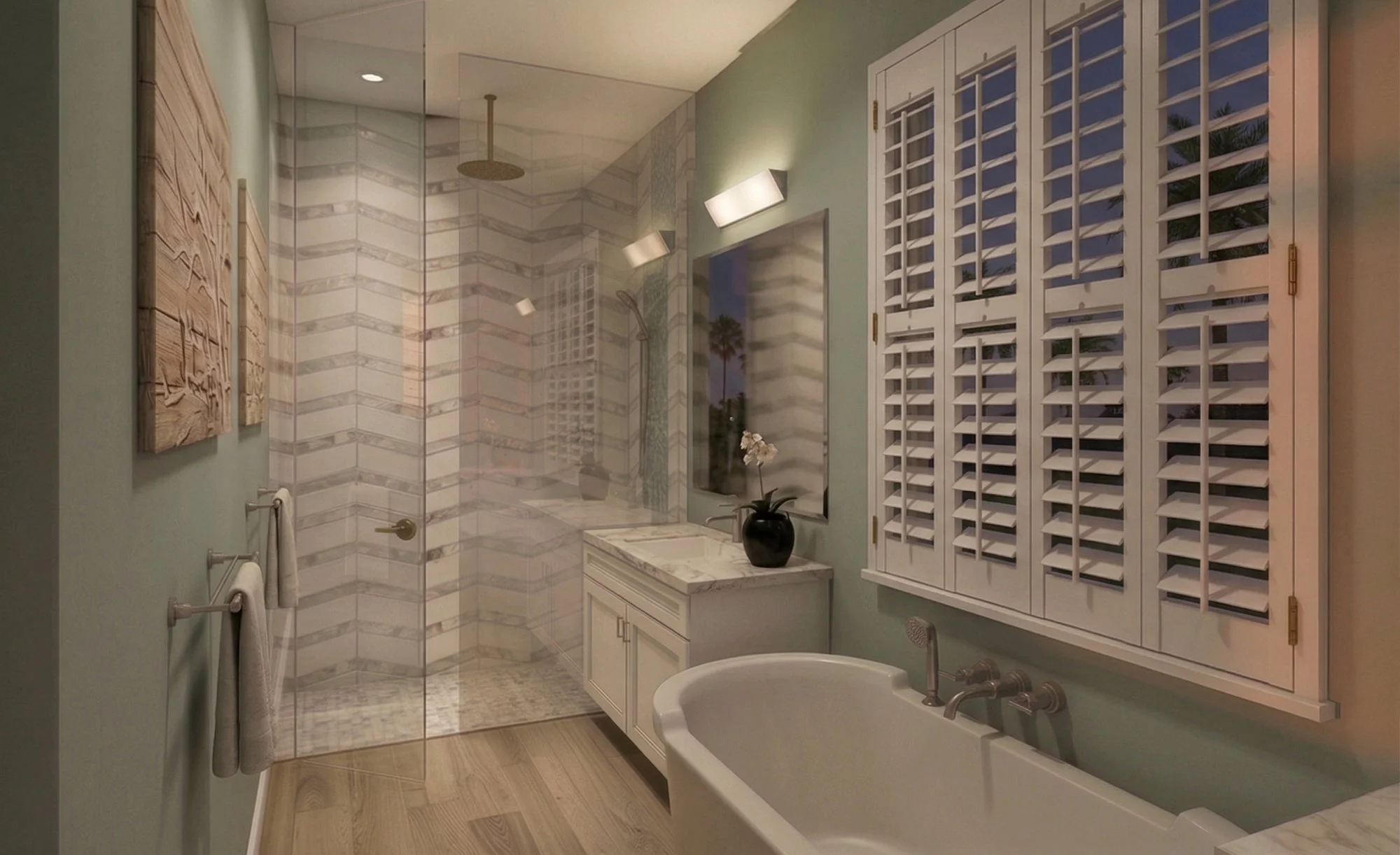 Photorealistic 3D interior rendering of a bathroom with plantation shutters view 2