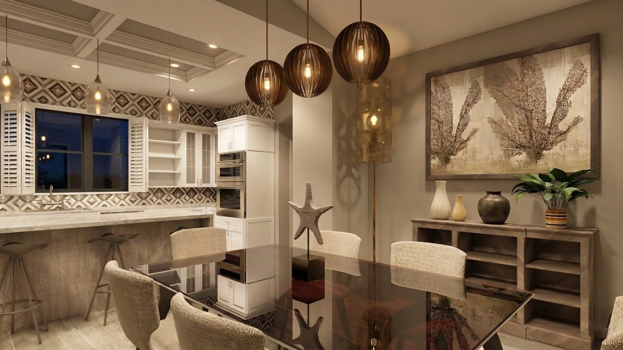 Photorealistic 3D interior rendering of a dining area open to kitchen