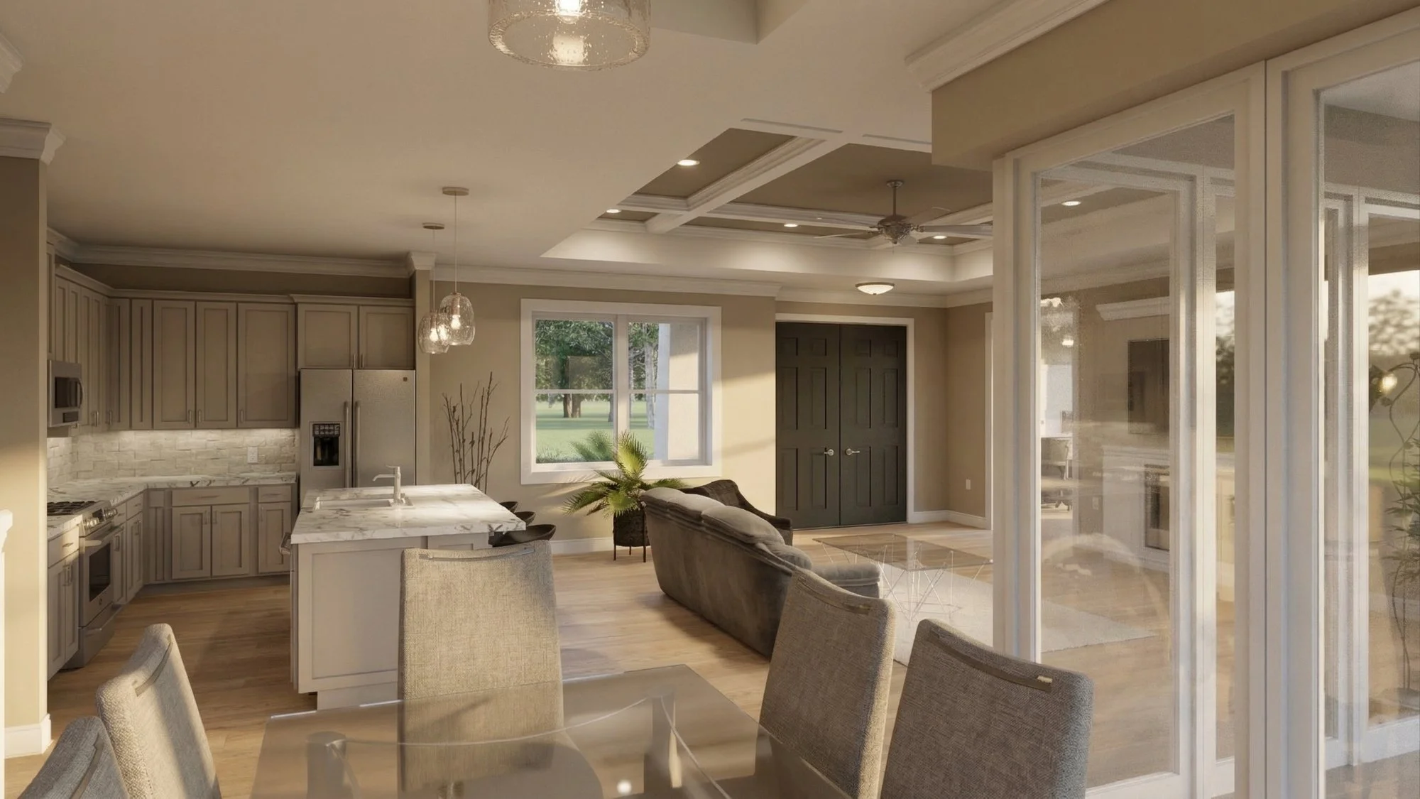 Photorealistic 3D interior rendering of an open plan dining area