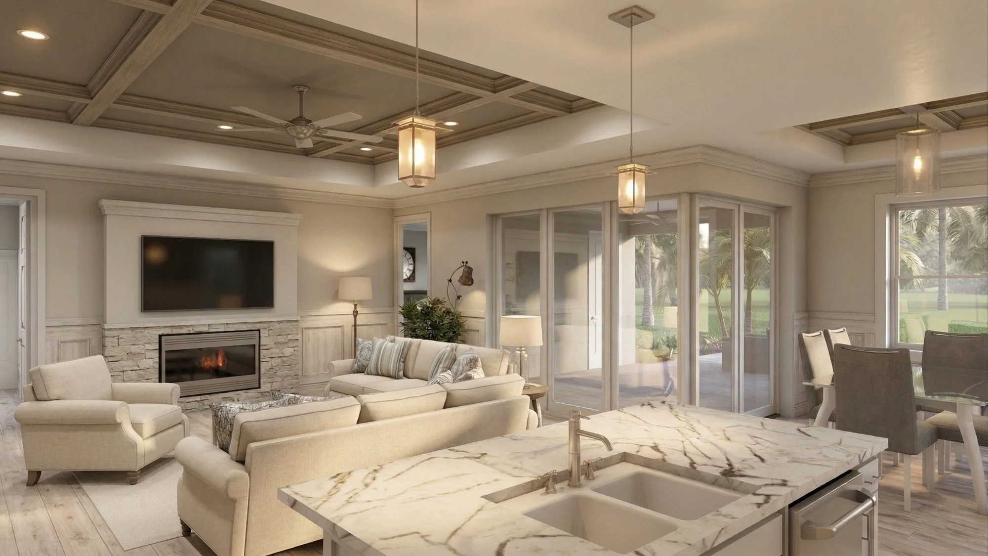 Photorealistic 3D interior rendering of a great room with coffered ceiling view 2