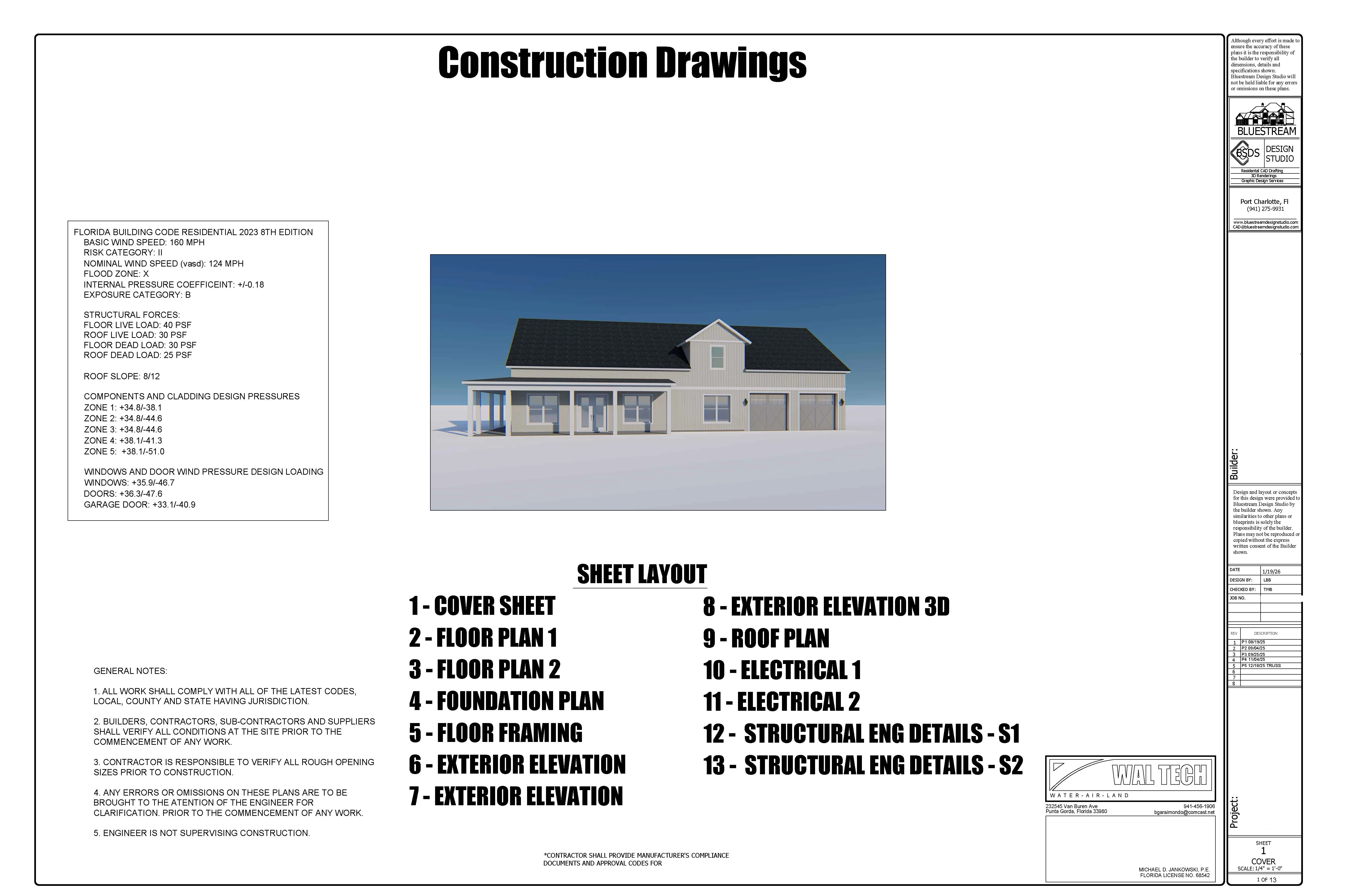 Florida residential CAD plan set cover sheet — custom two-story home drafting by Bluestream Design Studio