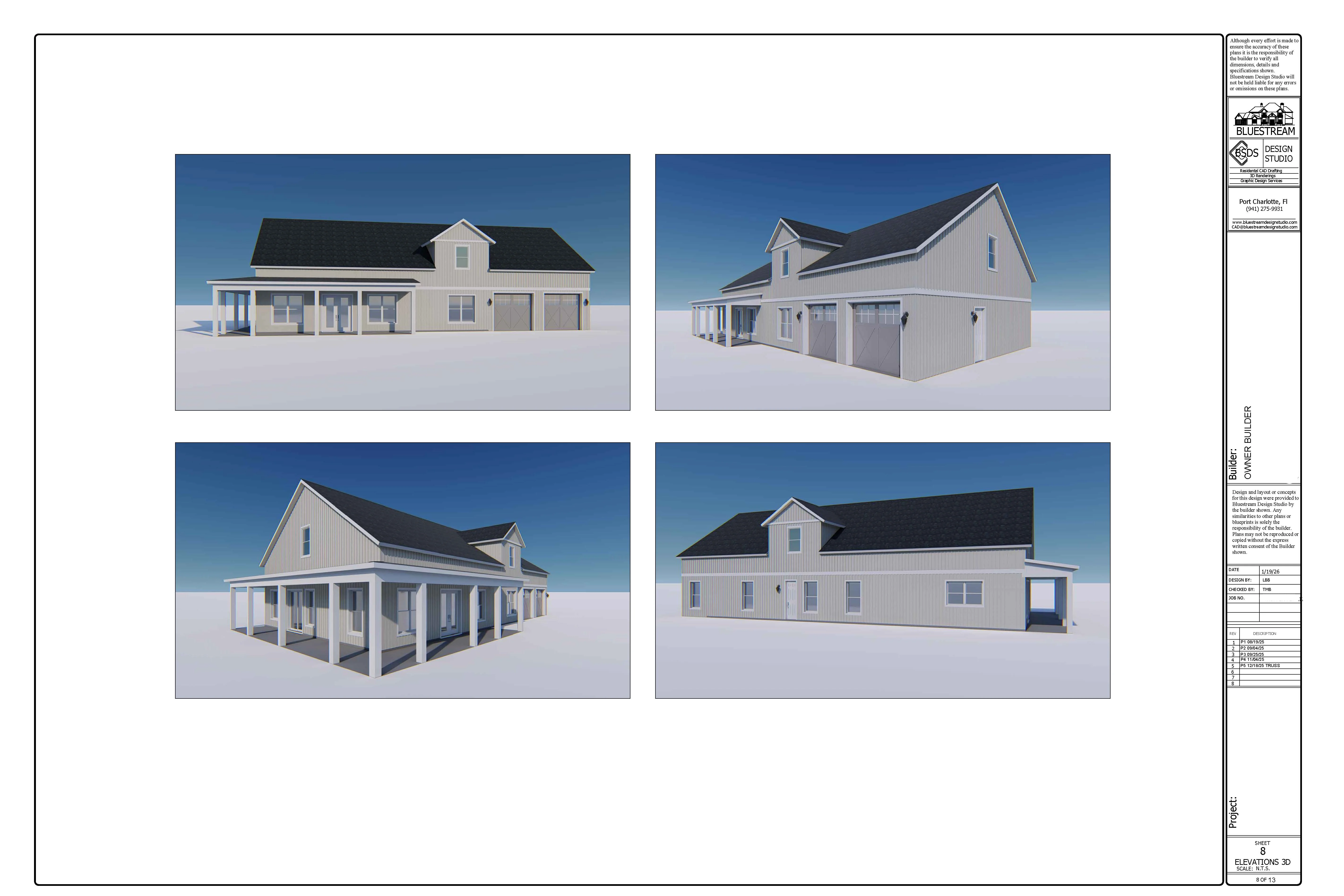 Custom two-story home 3D elevations — Florida residential plan set drafting sample