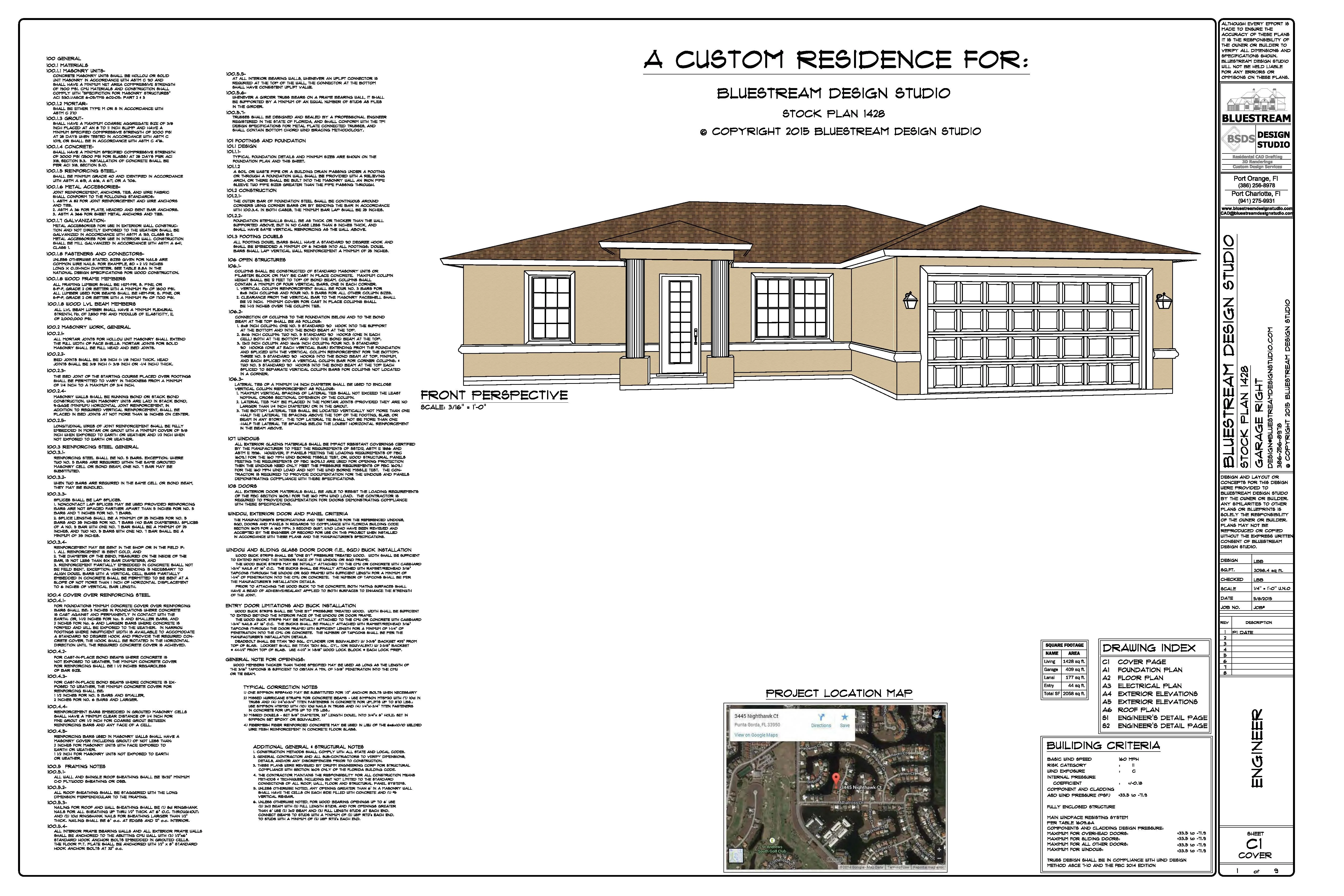 Stock home plan set cover sheet — Florida production builder CAD drafting by Bluestream Design Studio