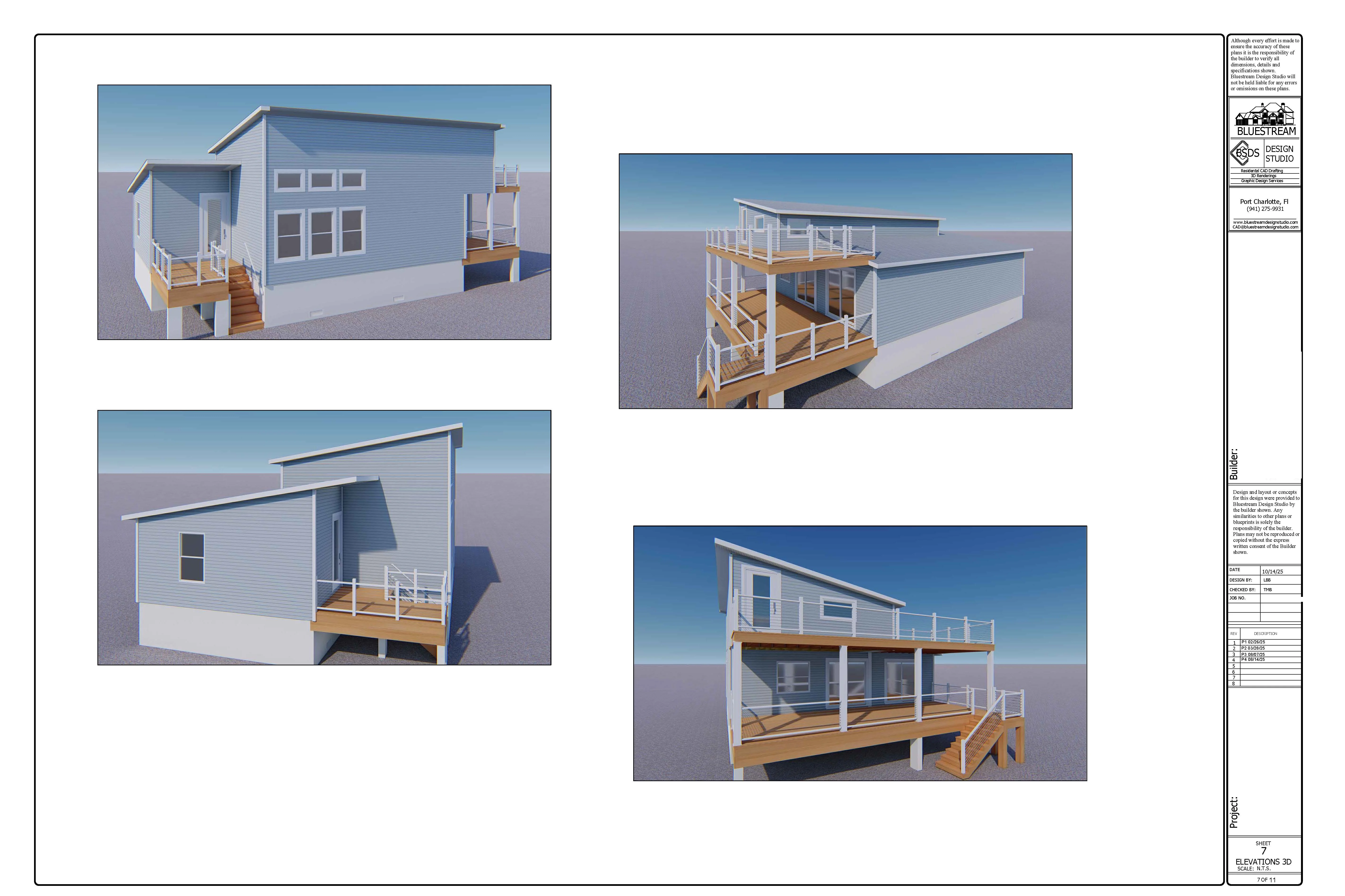 Tiny home ADU 3D elevations — Florida residential drafting plan set sample