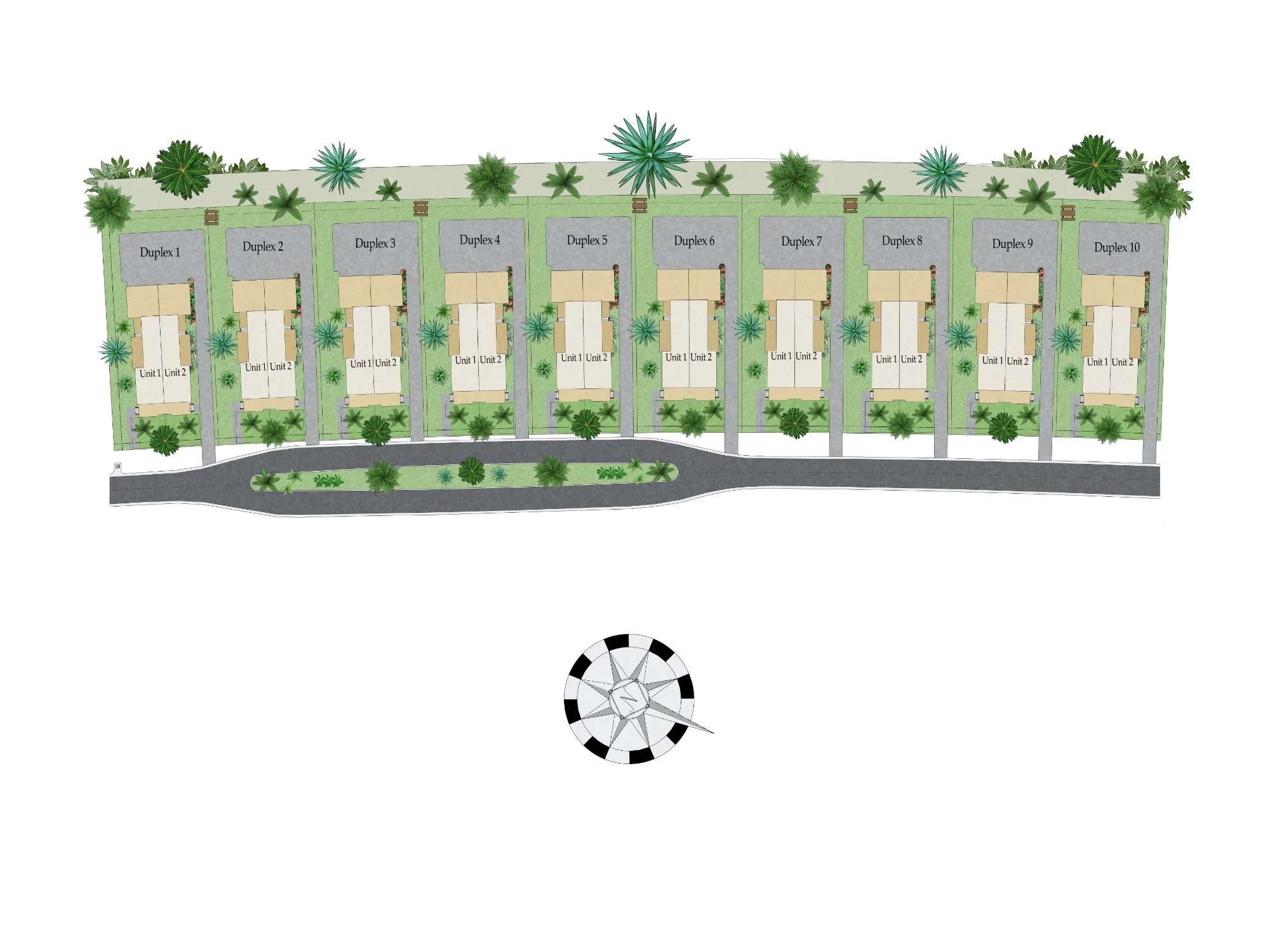 Color site plan for duplex community development — multi-family site plan rendering